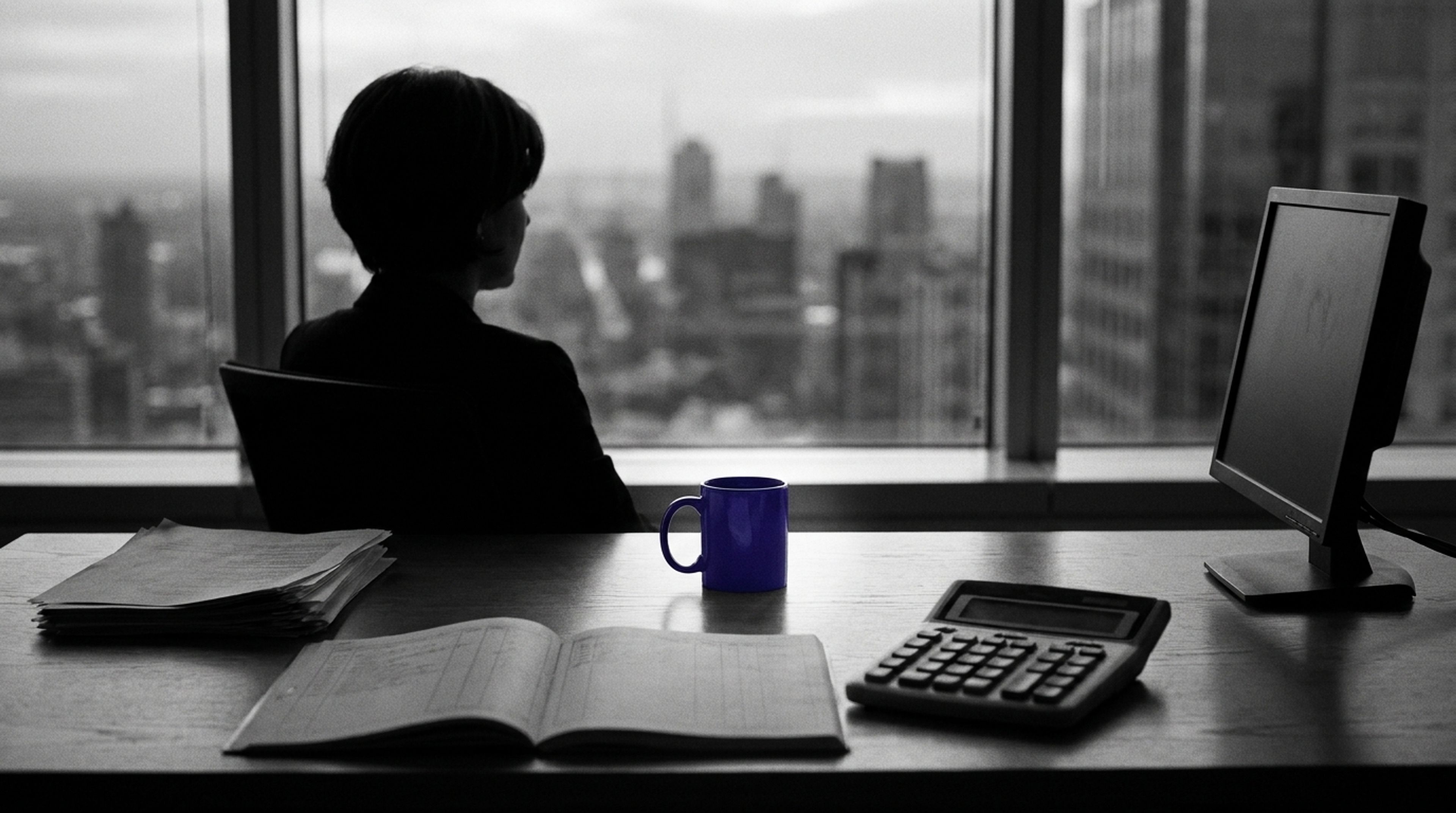 A risk manager at an office window, with an indigo mug beside a ledger and a calculator.