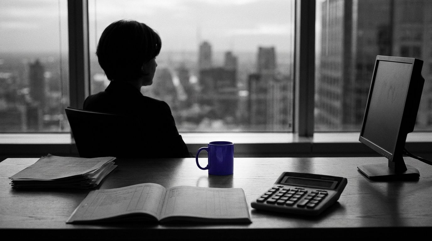 A risk manager at an office window, with an indigo mug beside a ledger and a calculator.