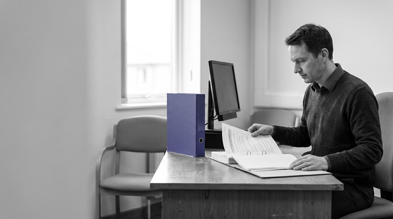 A clinical safety officer reviews risk documents at a hospital workstation beside a single indigo folder in an otherwise black-and-white scene.