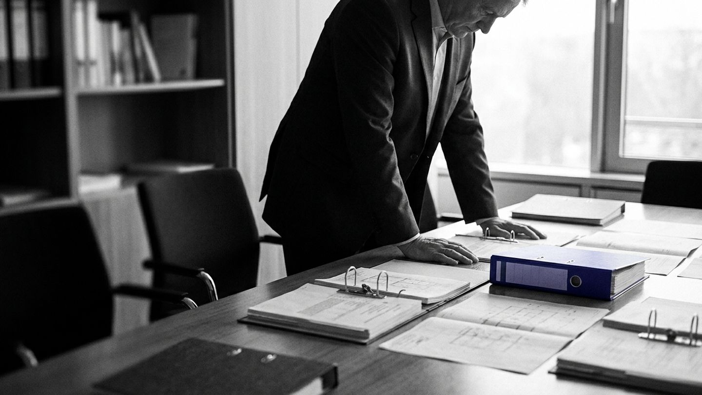 Compliance lead at a desk reviewing technical documents, with a single indigo ring binder