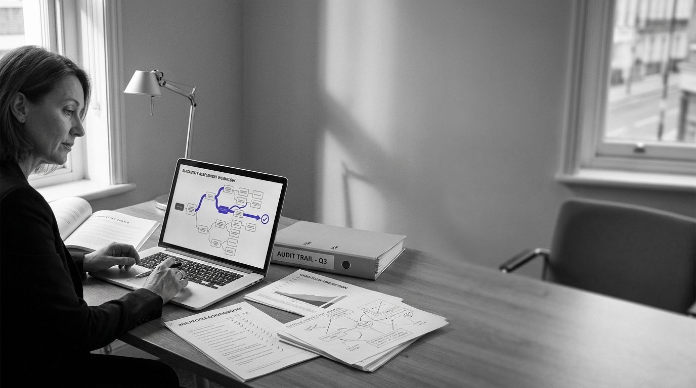 Black and white image of a woman working on a laptop displaying a blue flowchart, with documents and a binder on her desk.