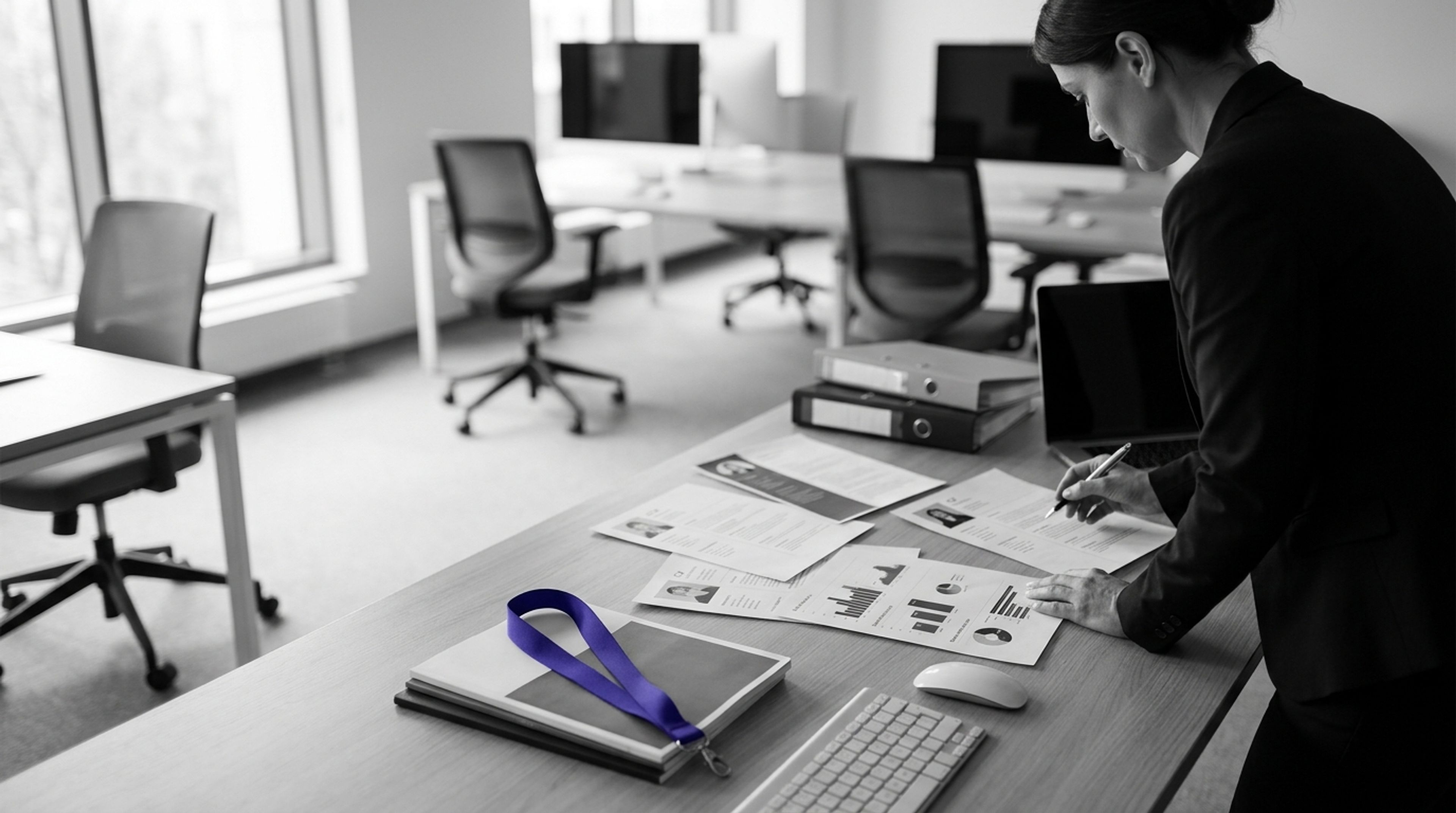 HR manager studying CVs and performance charts at a desk, monochrome with an indigo lanyard