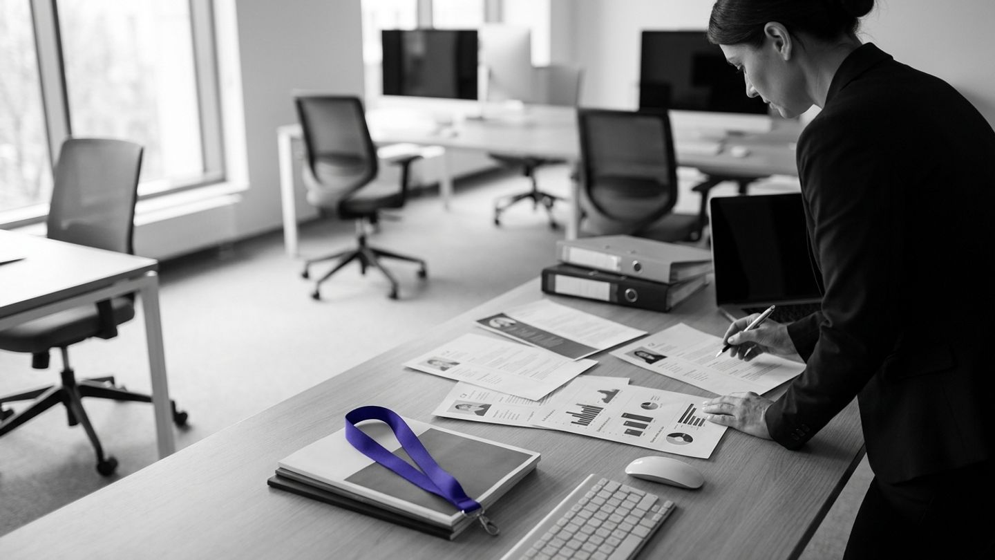 HR manager studying CVs and performance charts at a desk, monochrome with an indigo lanyard