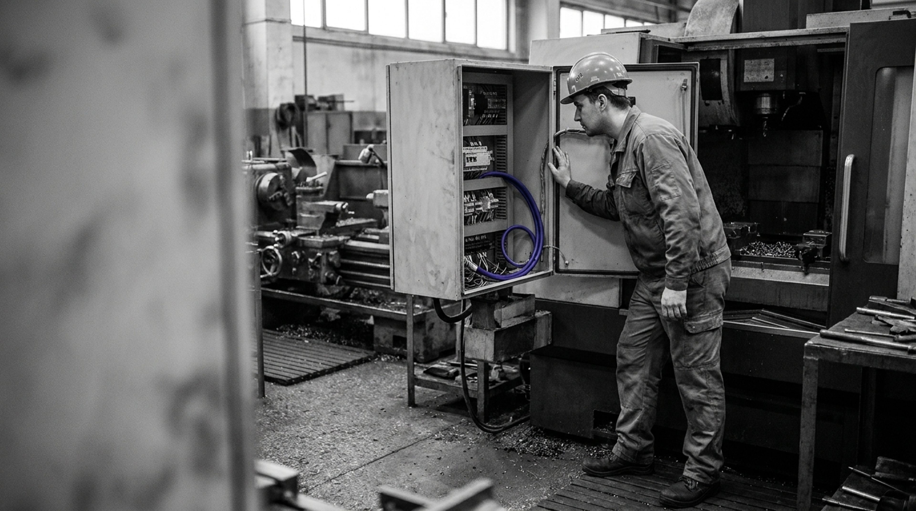 A machinery safety engineer inspects an industrial control enclosure, with one indigo electrical cable standing out in the monochrome workshop.