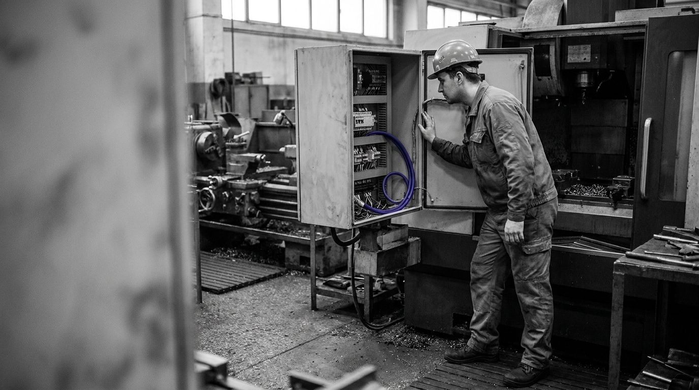 A machinery safety engineer inspects an industrial control enclosure, with one indigo electrical cable standing out in the monochrome workshop.