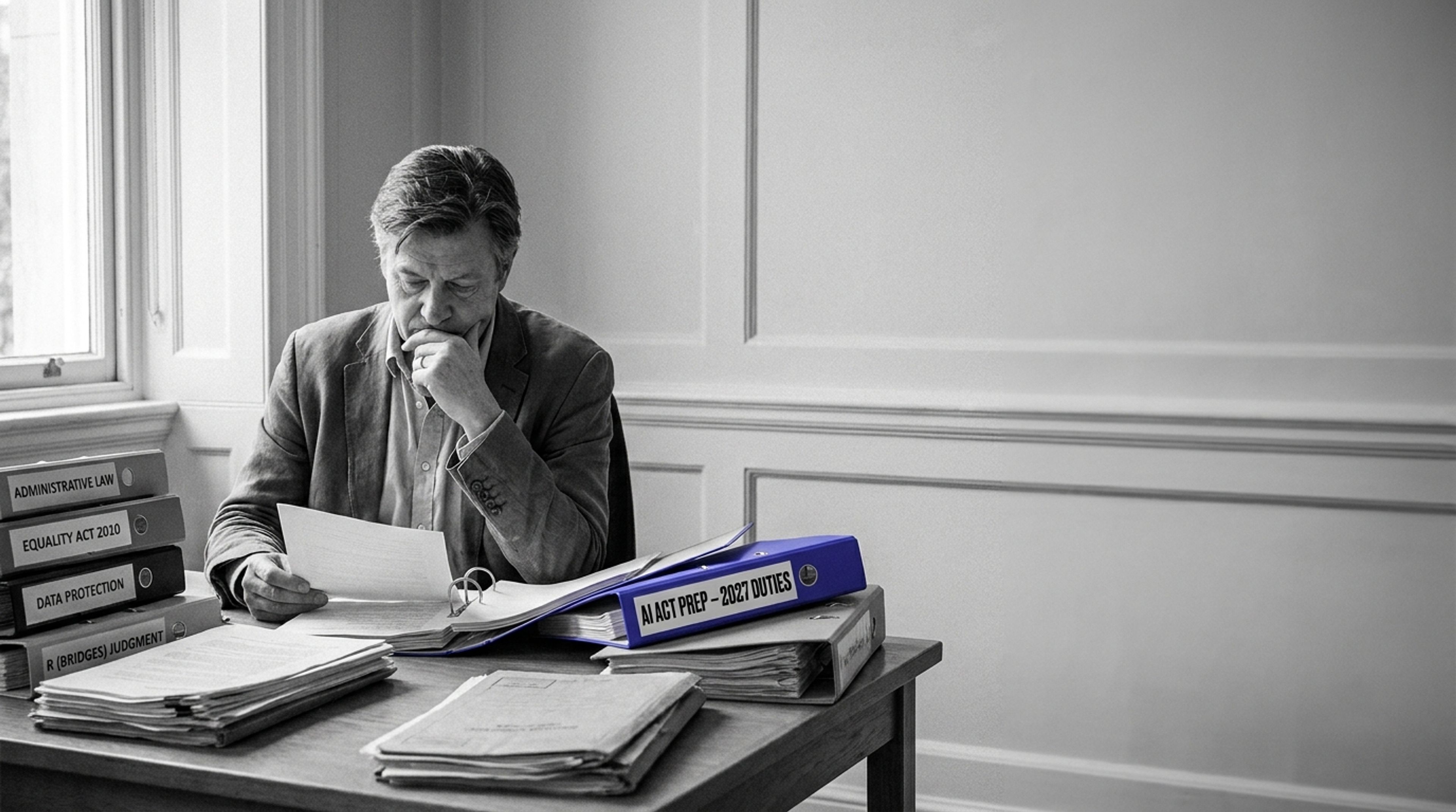 A thoughtful man reads documents at a desk cluttered with legal binders, including one for 'AI ACT PREP'.