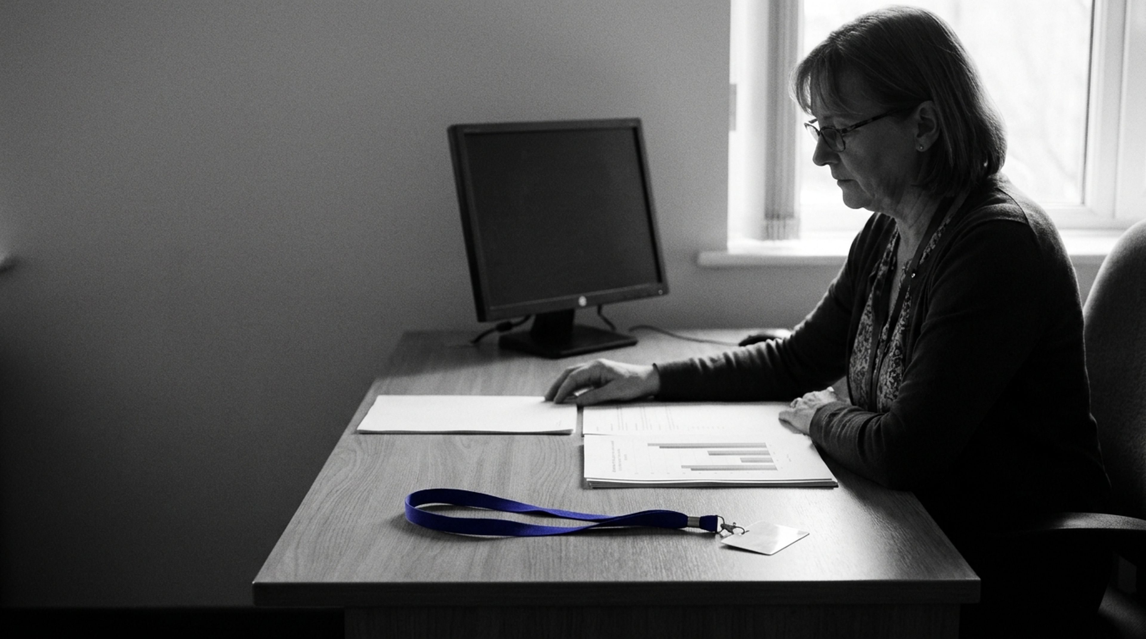 A university examination administrator reviews documents at a desk beside a vivid indigo ID lanyard in an otherwise black-and-white office.