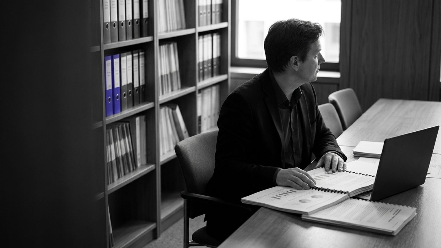 Risk manager at a desk reviewing model documents, with an indigo folder spine on a shelf