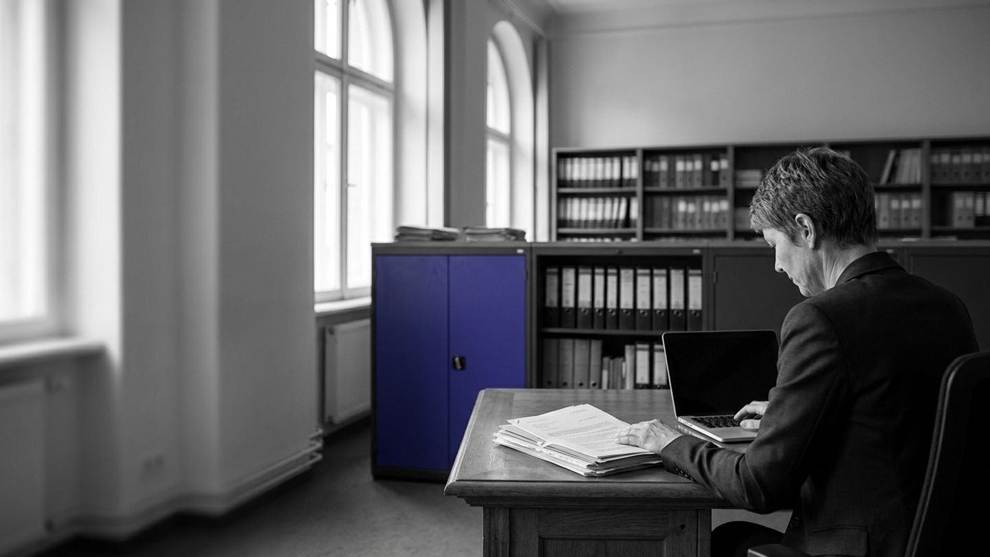 Regulatory official reviewing documents at a desk, with a single indigo cabinet among grey filing cabinets