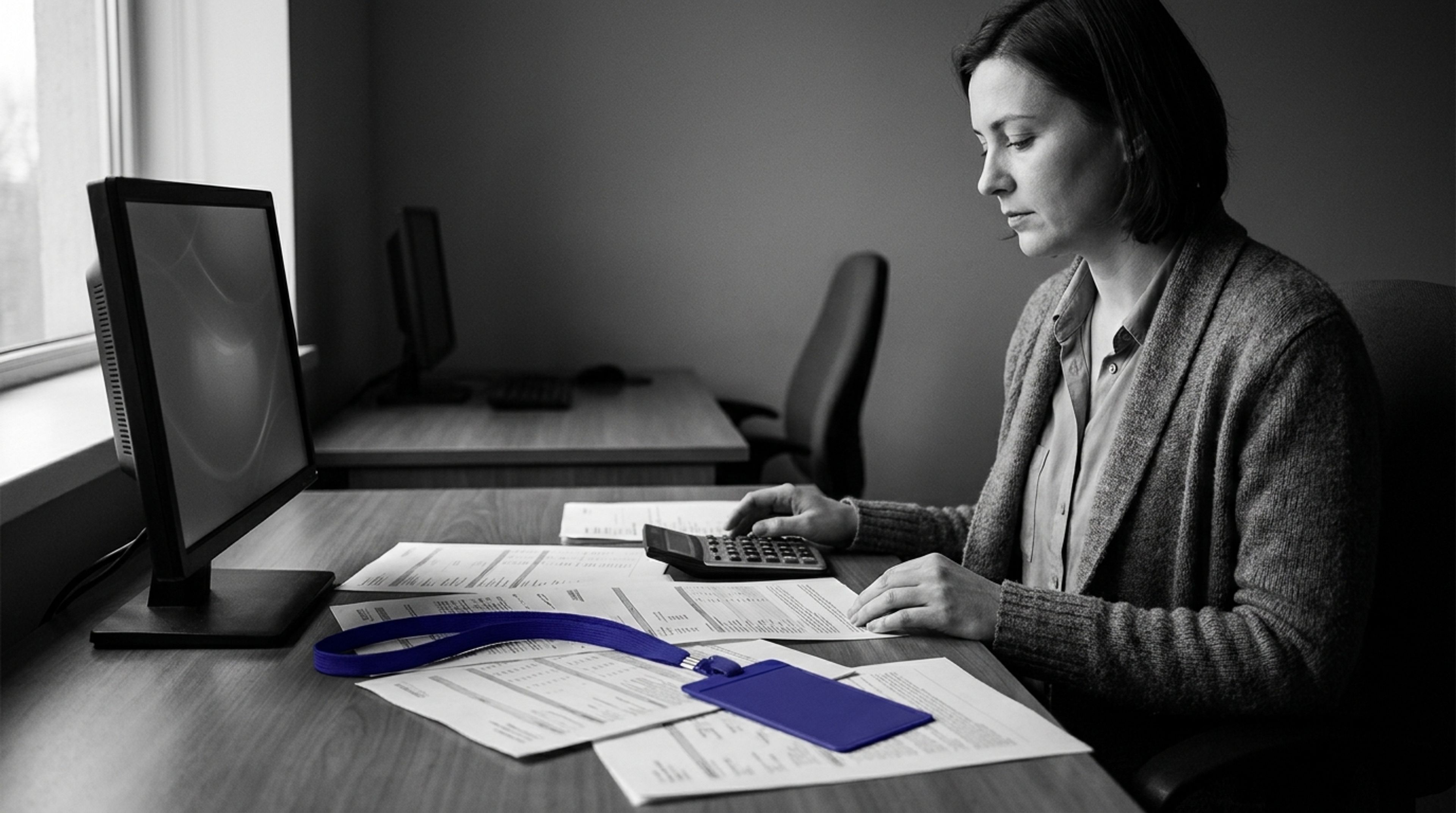 A woman works at a desk with papers, a calculator, a computer monitor, and a blue ID badge.