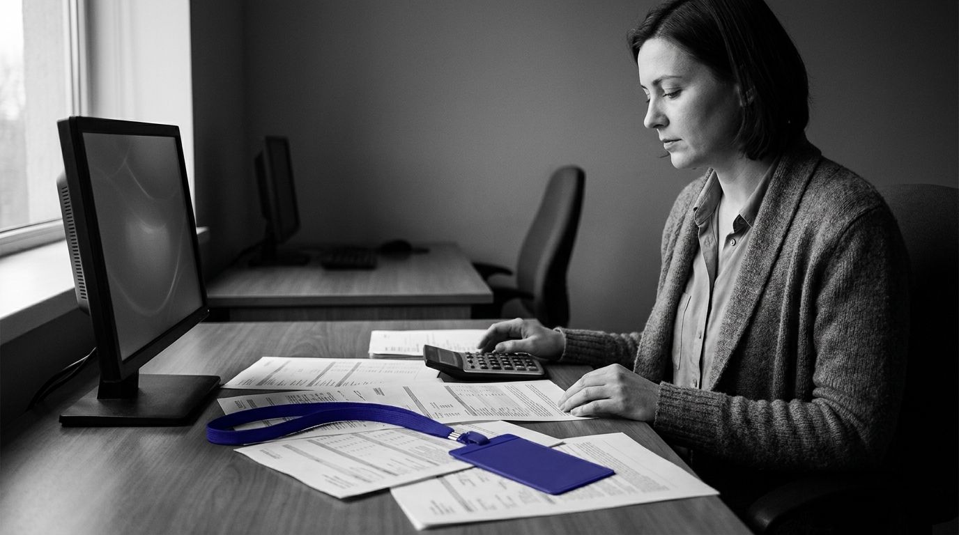 A woman works at a desk with papers, a calculator, a computer monitor, and a blue ID badge.