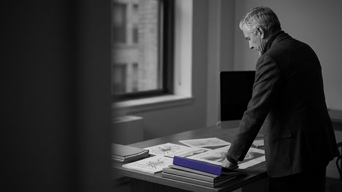 Risk manager in a dim office studying documents and charts, with a single indigo folder among grey folders