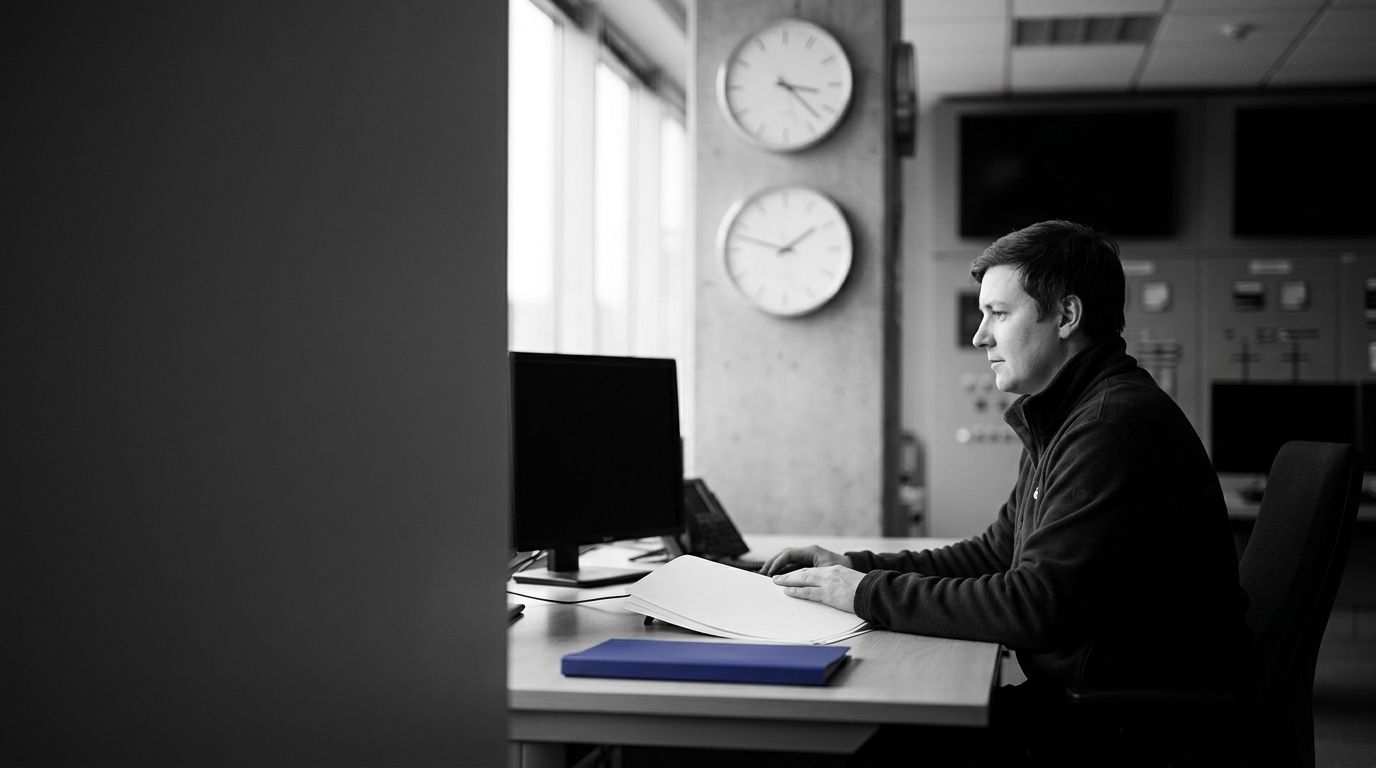 Utility control-room operator reviews incident papers beneath two analogue clocks, with a single indigo folder highlighted in an otherwise black-and-white scene.