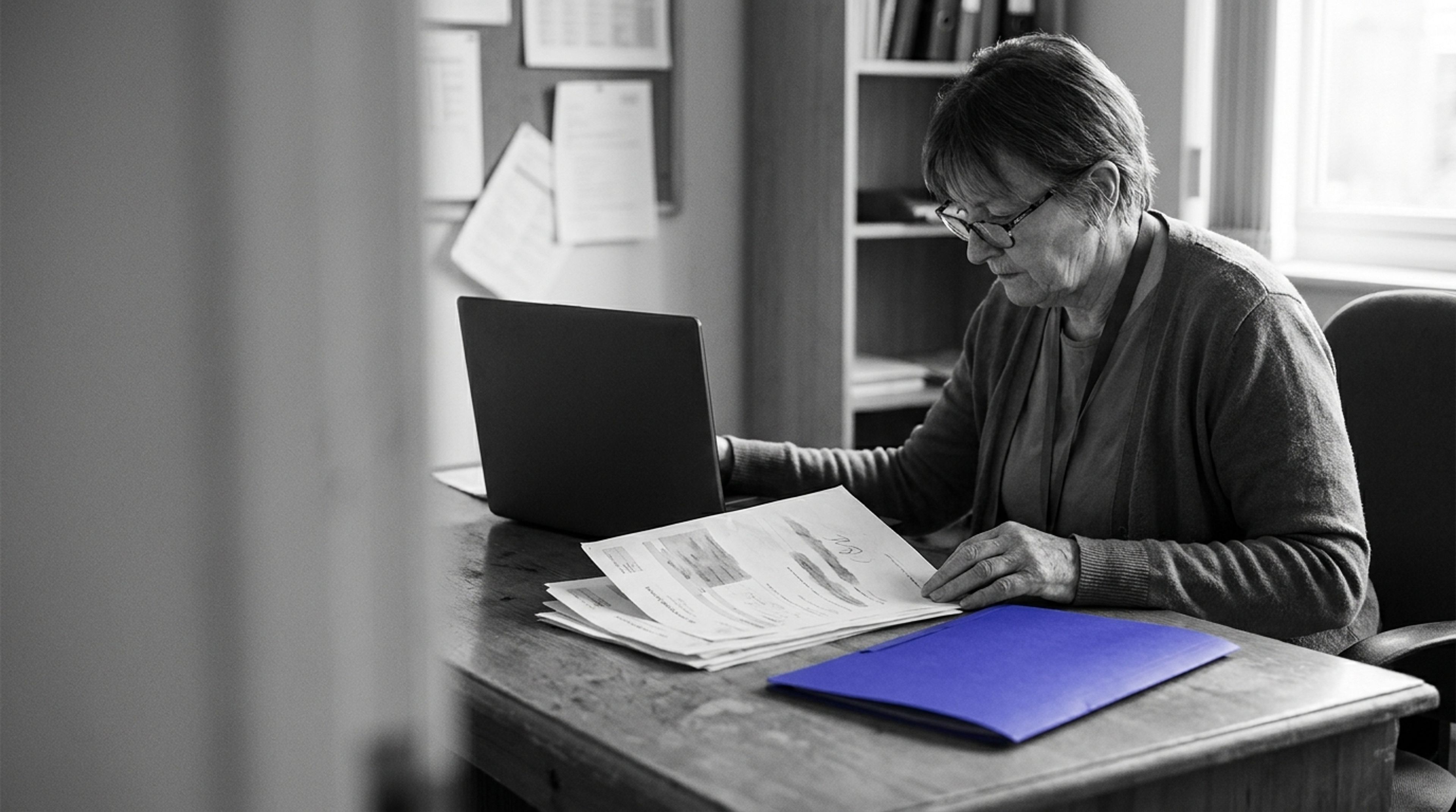A social care professional reviews assessment papers at a desk beside a single indigo folder in an otherwise black-and-white office.