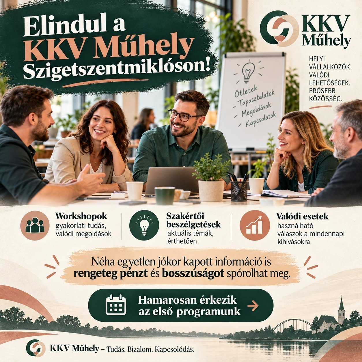 Vállalkozó nők és férfiak egyeztetnek egy asztalnál, a felirat szerint: Elindul a KKV Műhely Szigetszentmiklóson