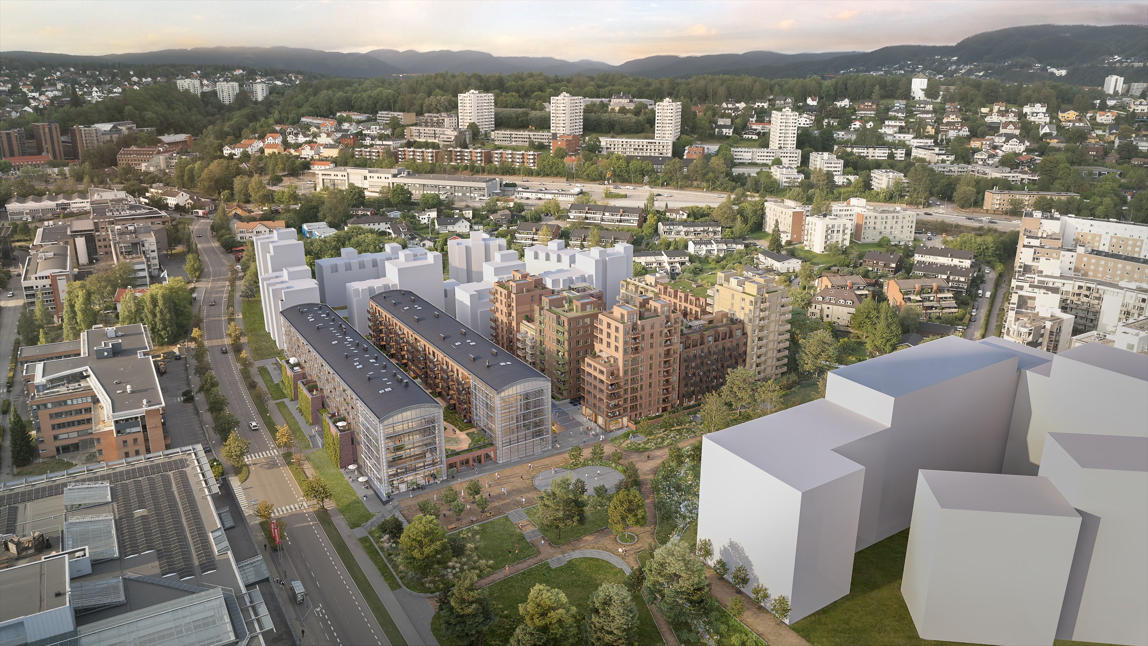 Oversiktsillustrasjon sett fra drone, over Trykkeriet Nydalen.