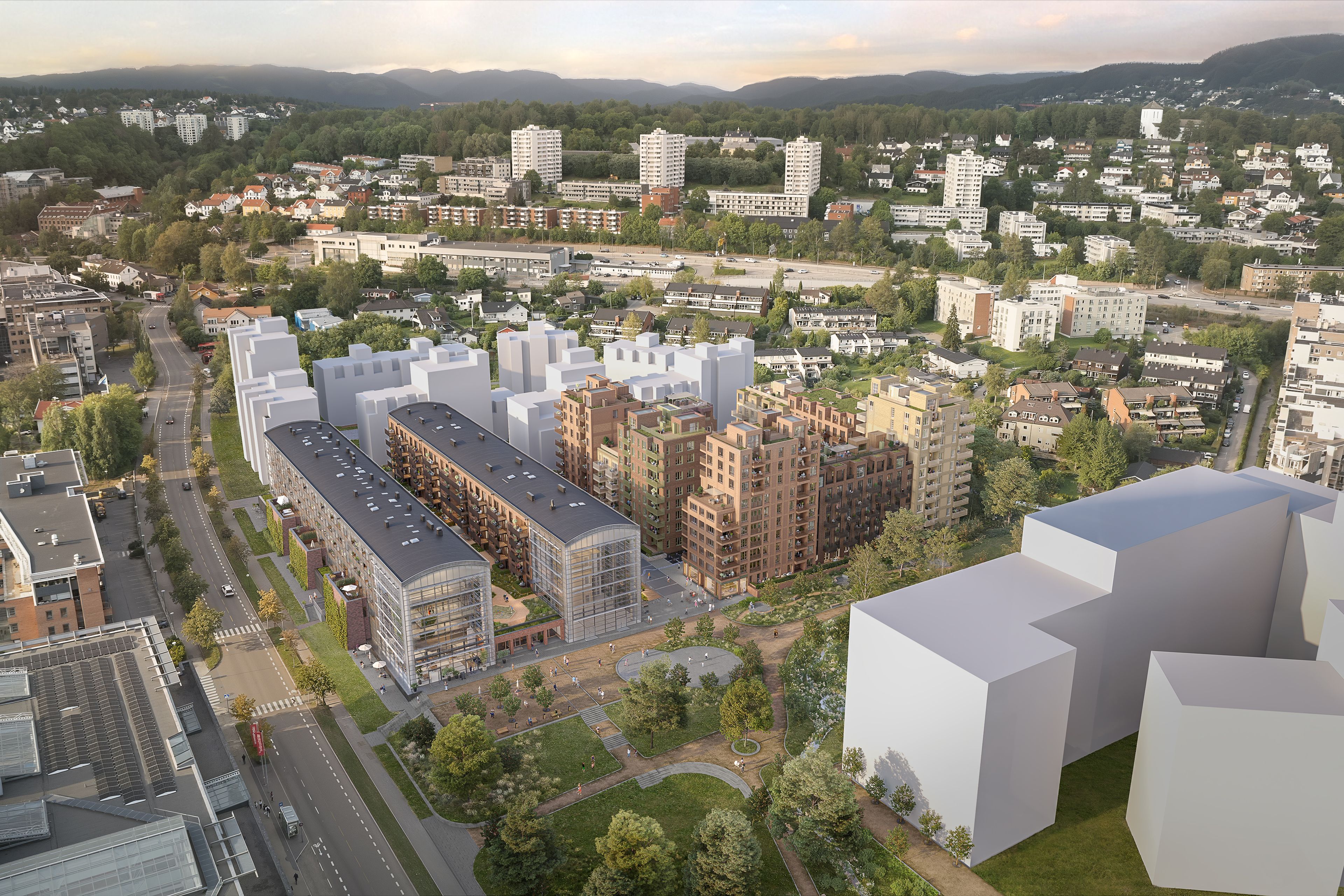 Oversiktsillustrasjon sett fra drone, over Trykkeriet Nydalen.