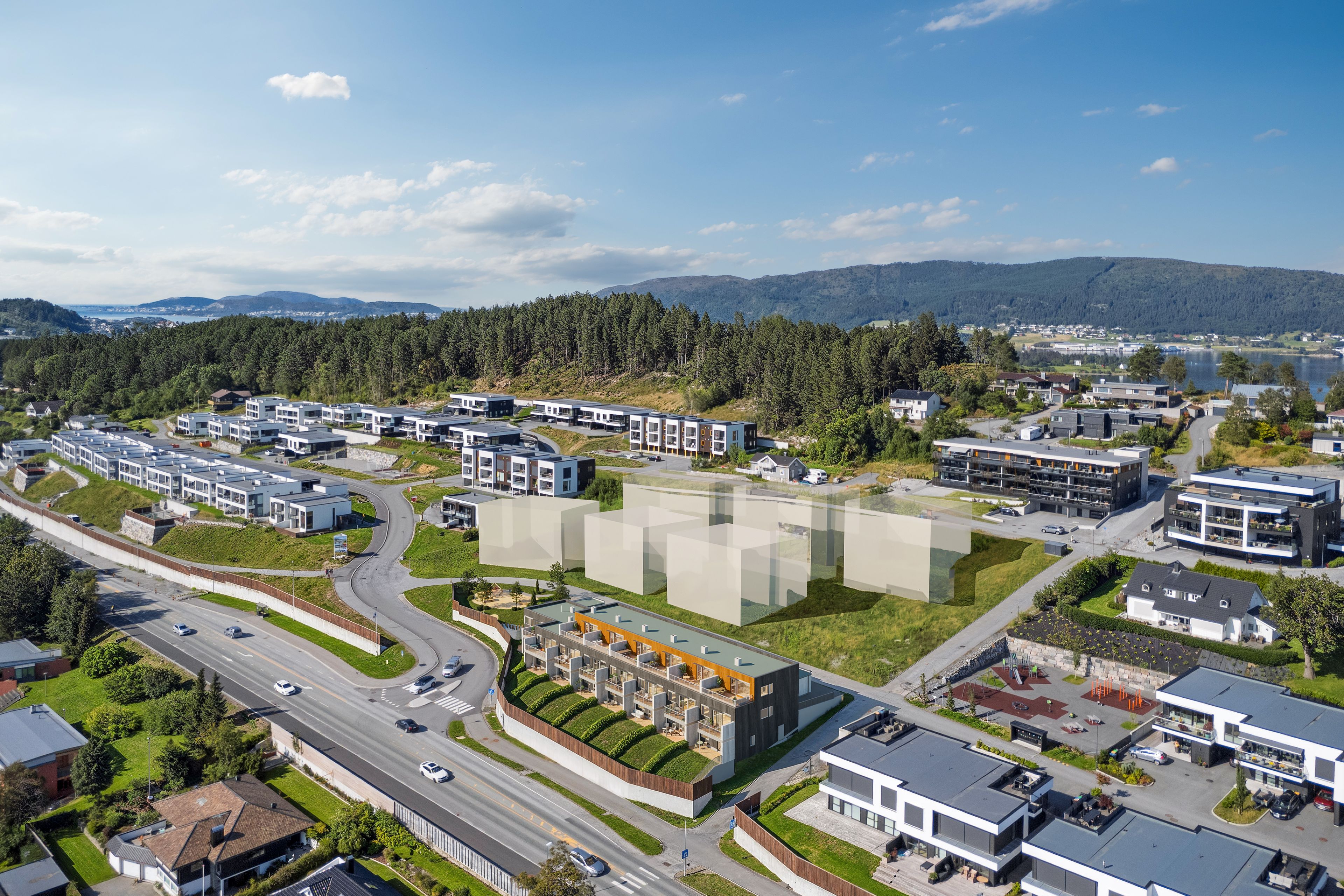 Illustrasjon av tomten der leilighetene kommer på Åsetunet