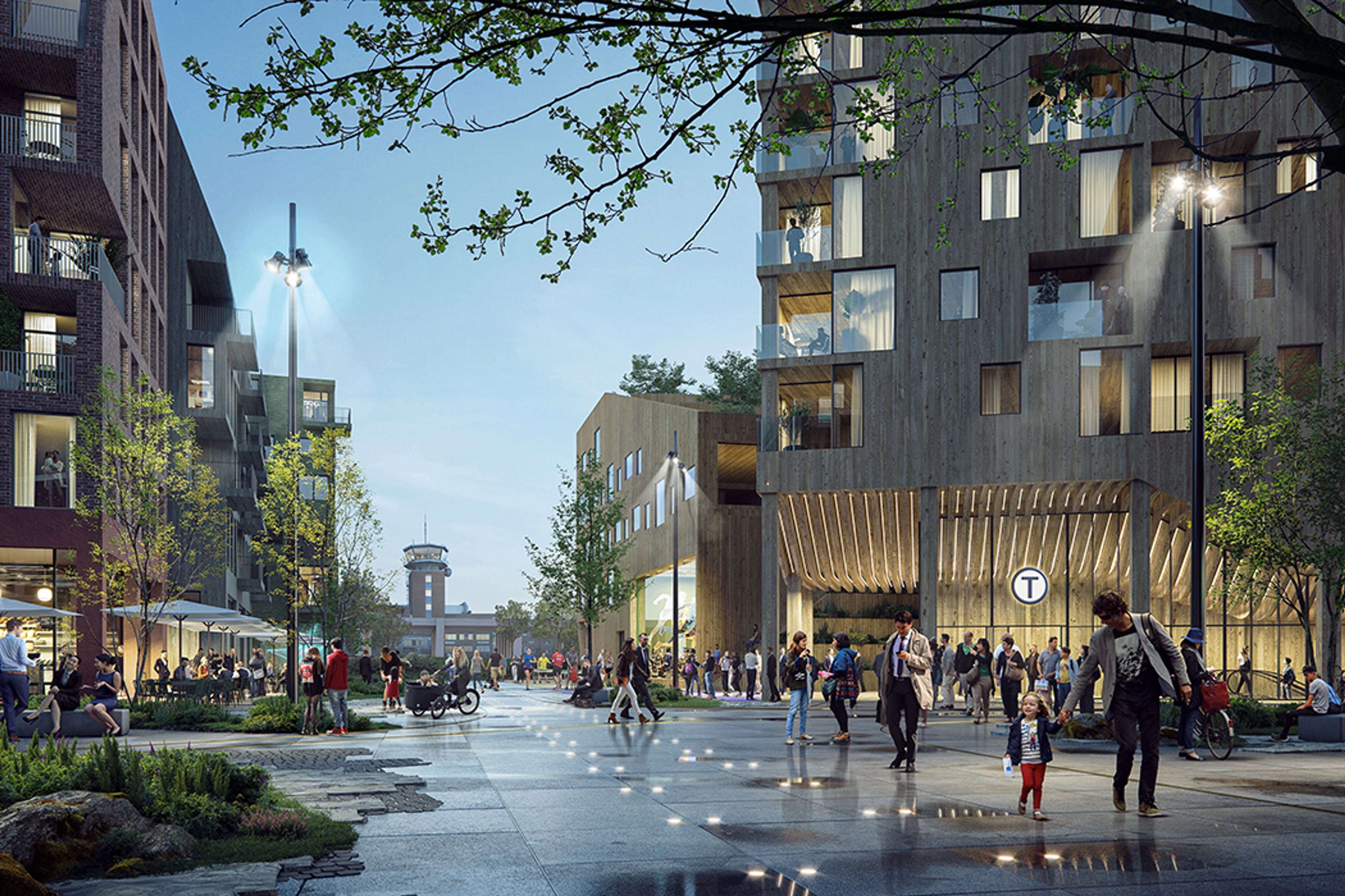 Illustrasjon av byområde og T-bane på Flytårnet stasjon