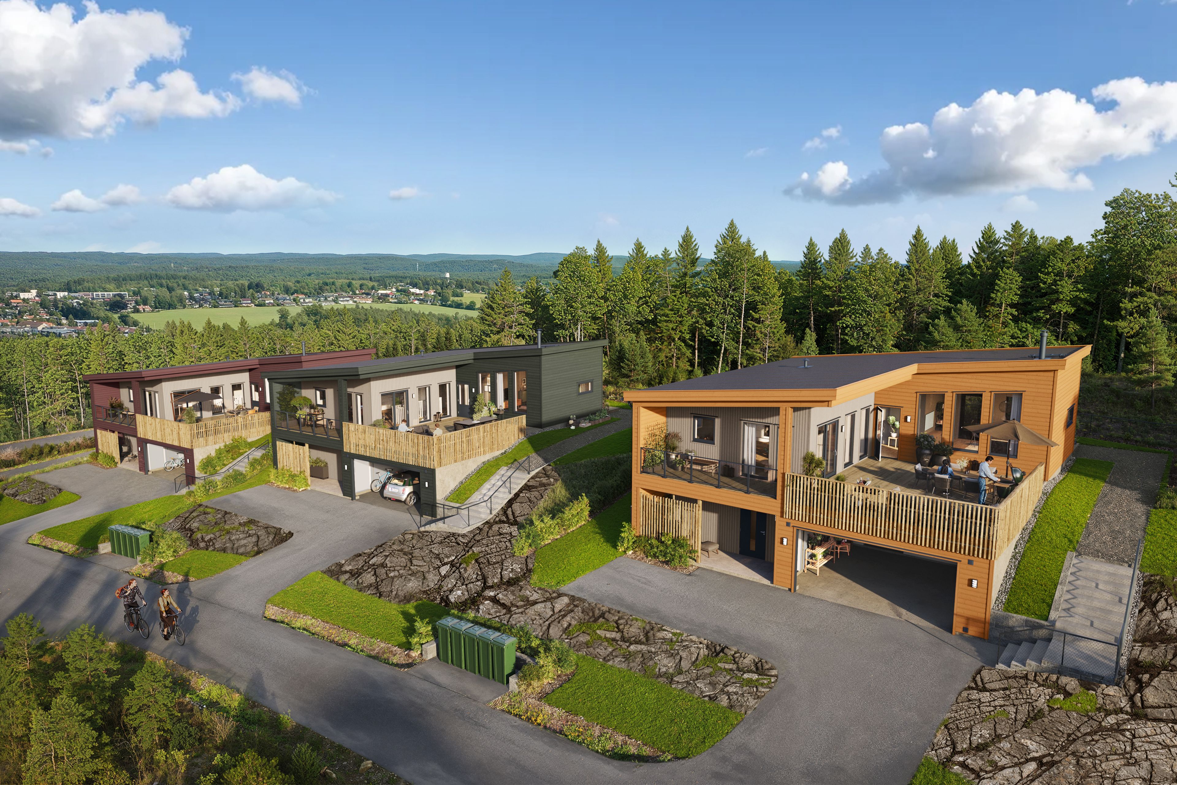 Illustrasjon av frittliggende eneboliger, hus 1 til 3, på Strømnesåsen