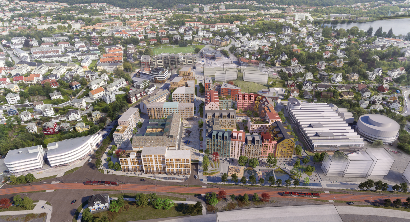 Illustrasjon av Bergensmeieriet og det nye byområdet i Mindebyen.