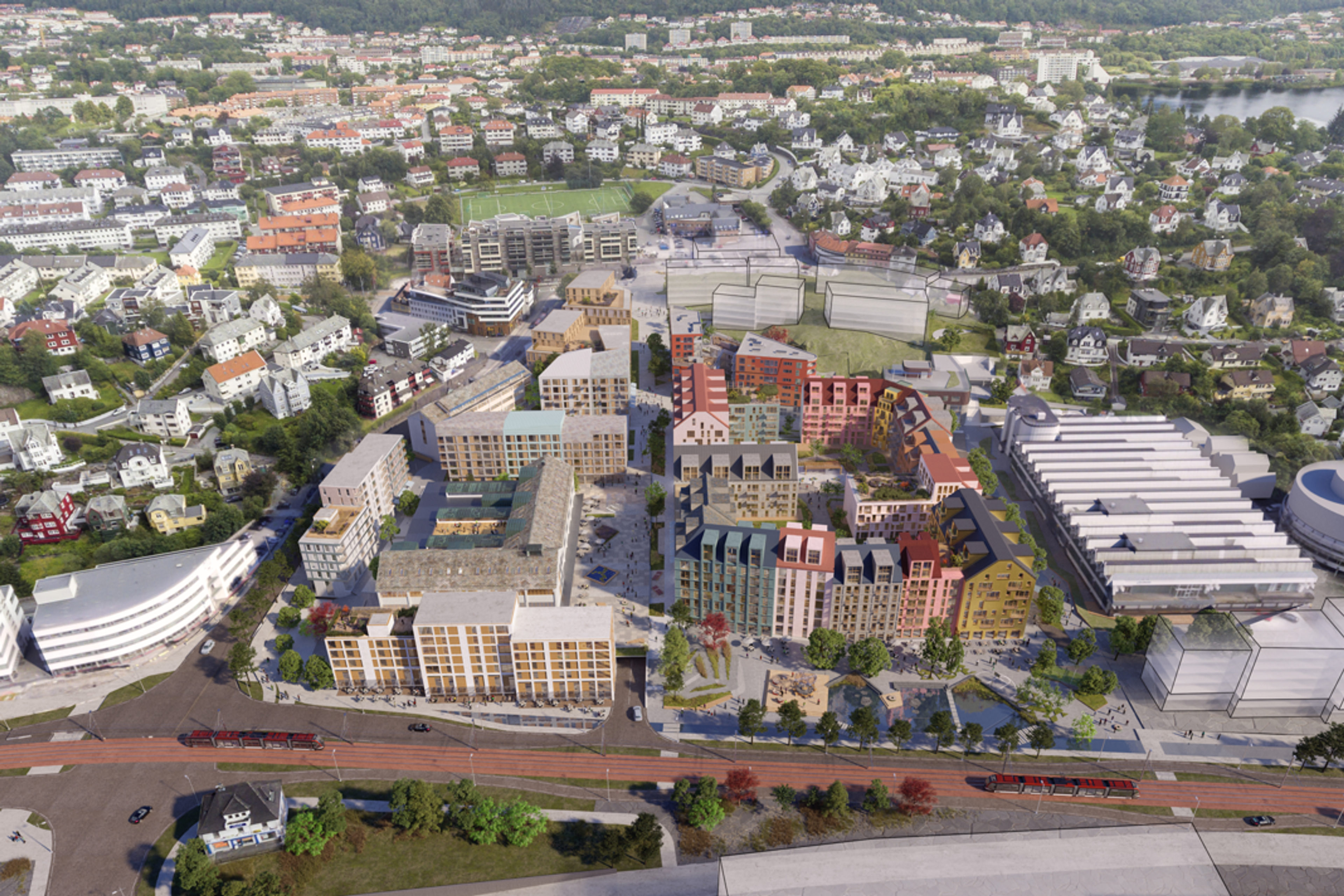 Illustrasjon av Bergensmeieriet og det nye byområdet i Mindebyen.