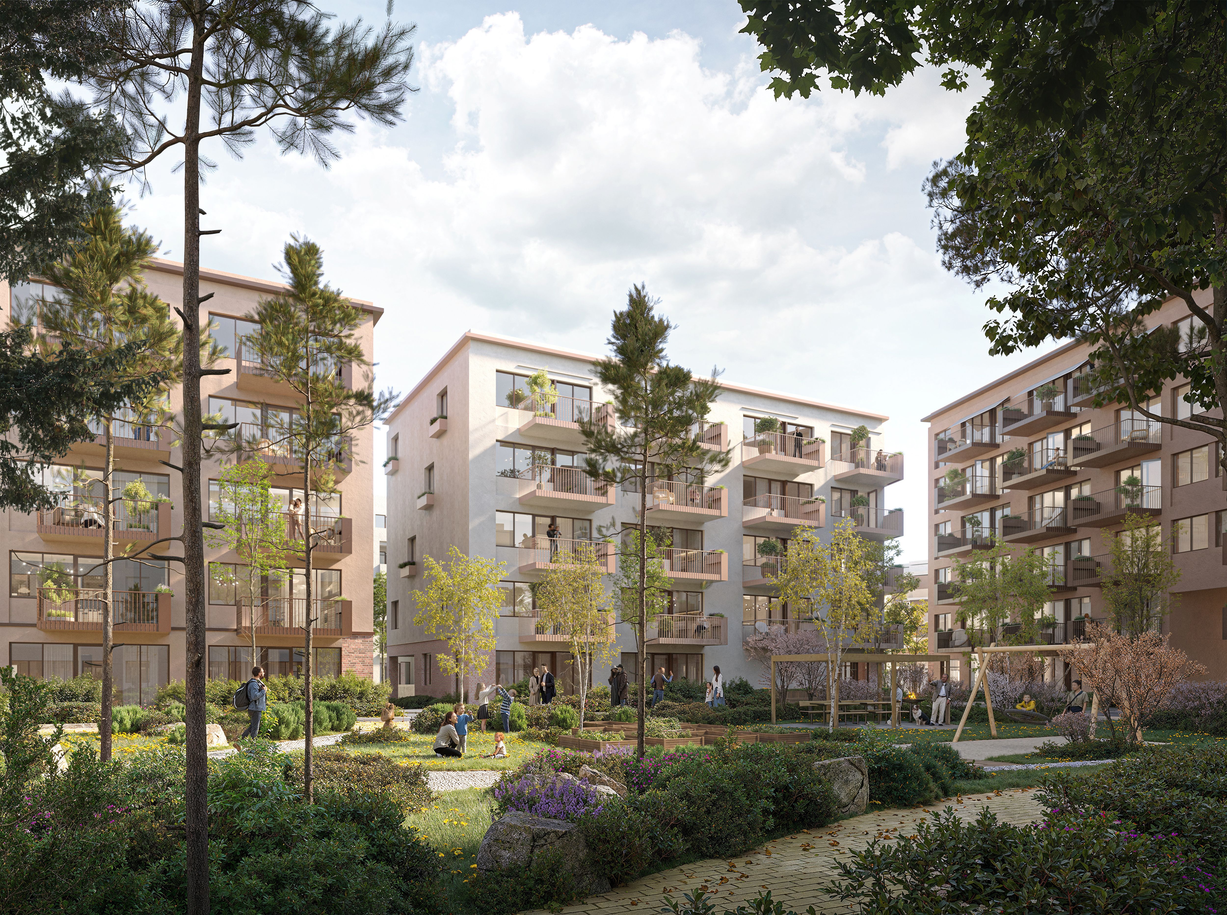 Illustrasjon av fasade og uteområde på Mortensrud felt 16