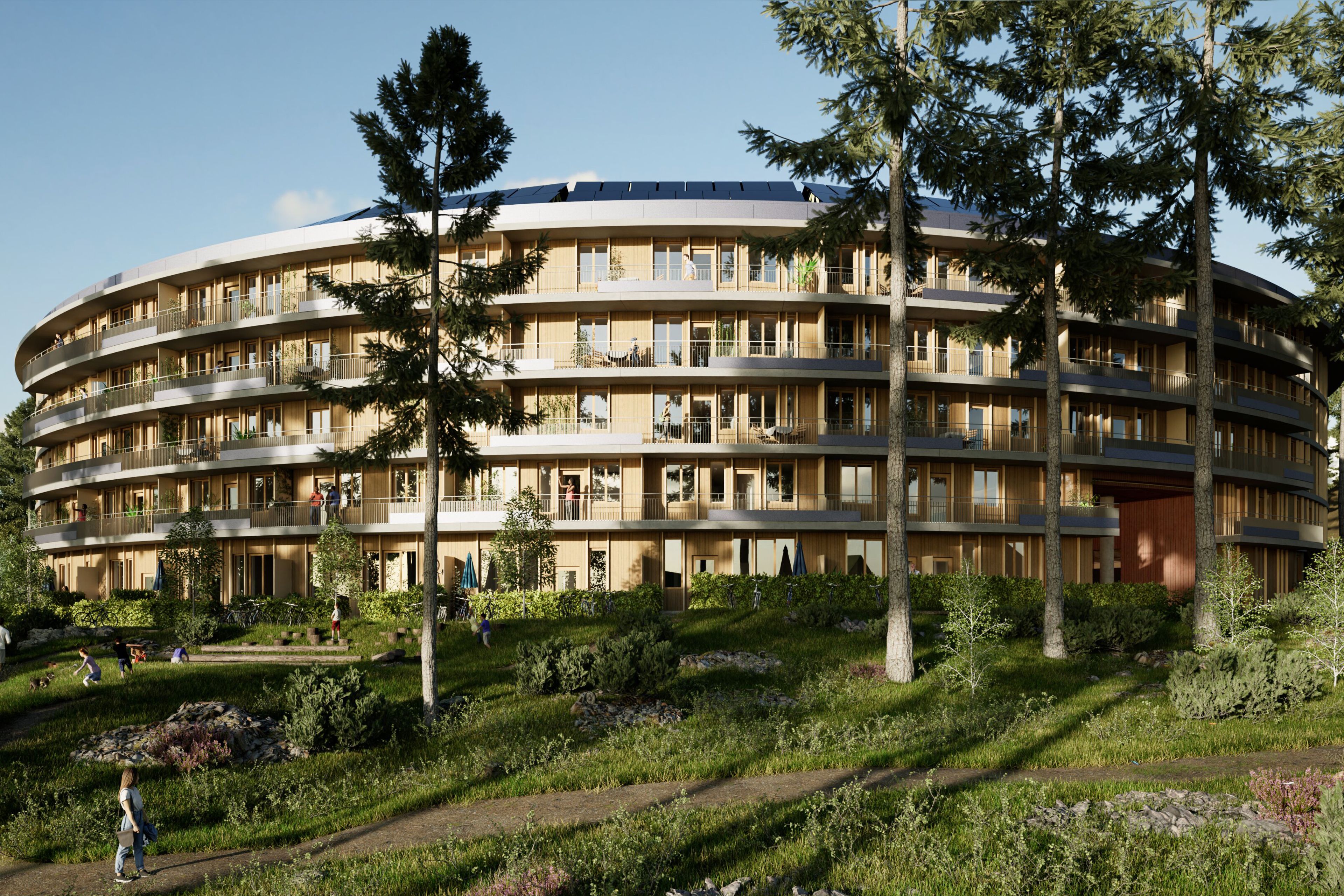 Illustrasjon av fasade på Oen, med marka i forgrunnen.