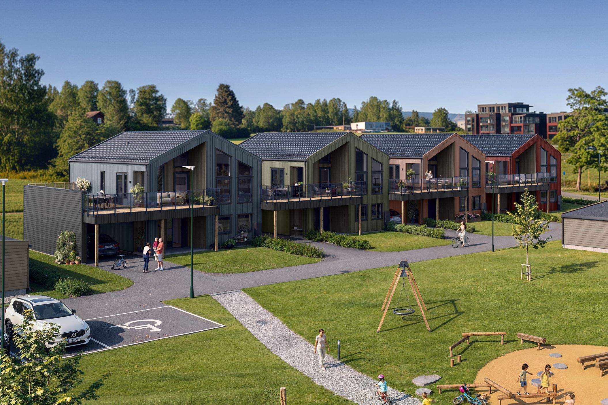 Illustrasjon av fasade på eneboliger i kjede, Smedhagen.