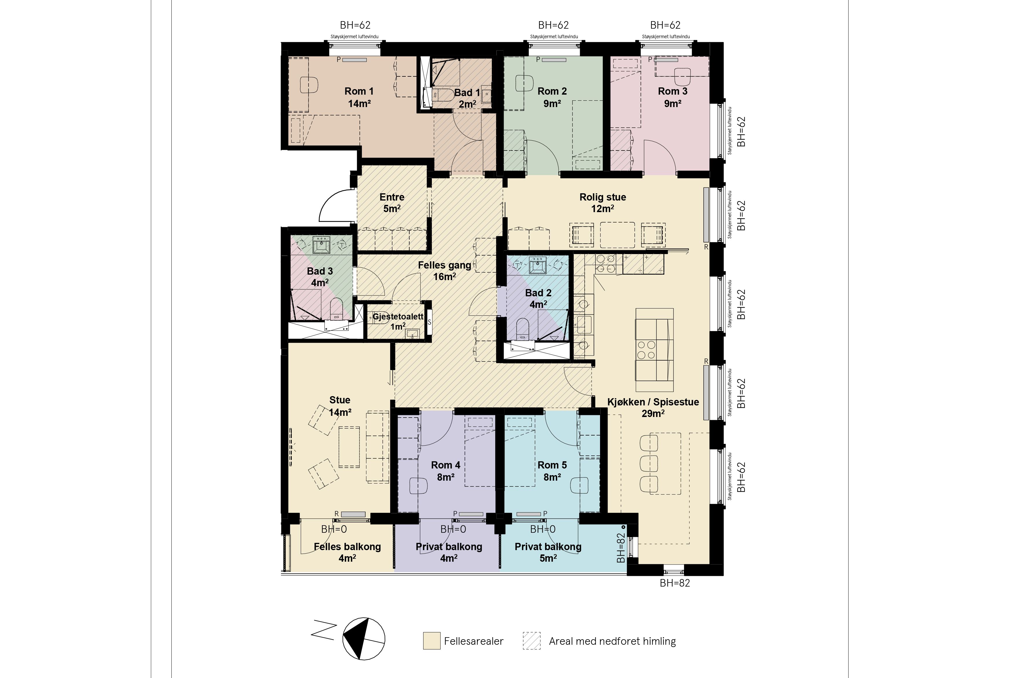 Plantegning over eierkollektiv med 5 rom