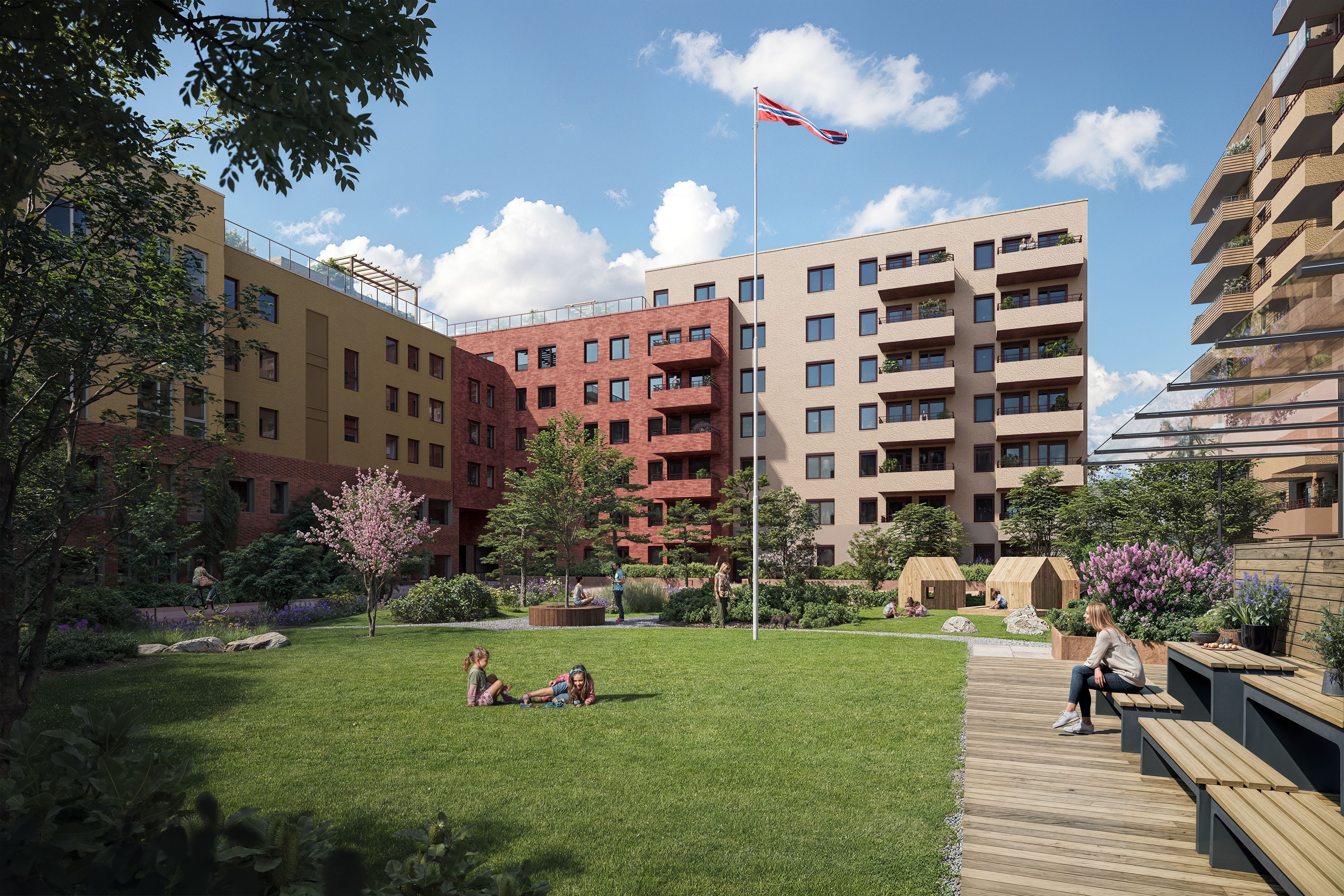 Illustrasjon av gårdsrom i boligprosjektet Torghagen, Kvarteret, Lillestrøm.