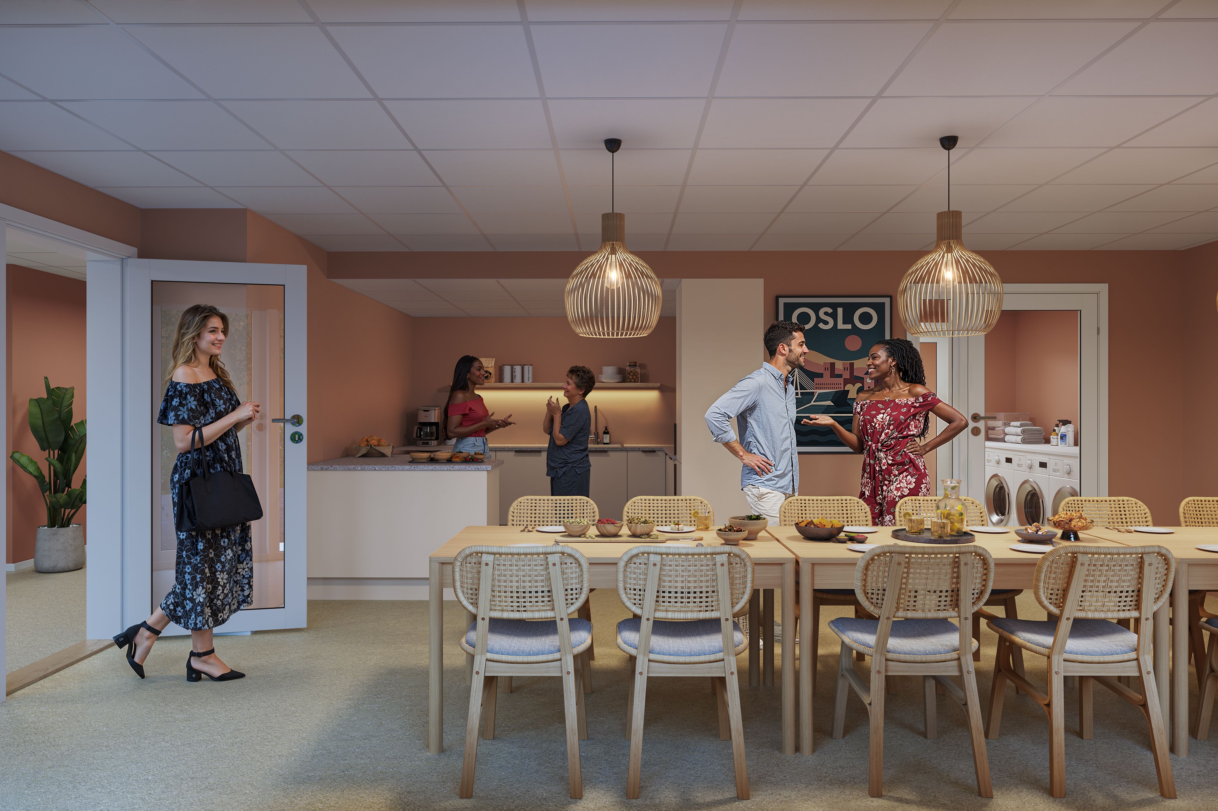 Illustrasjon av felleslokalet i Furuset Village.