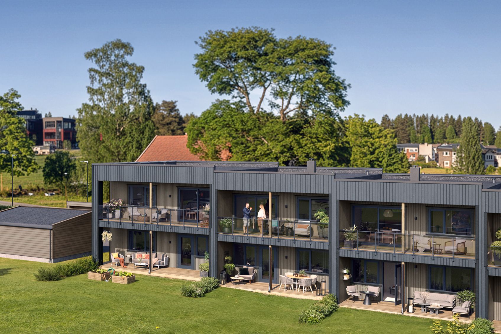 Illustrasjon av fasade på rekkehus i Smedhagen.