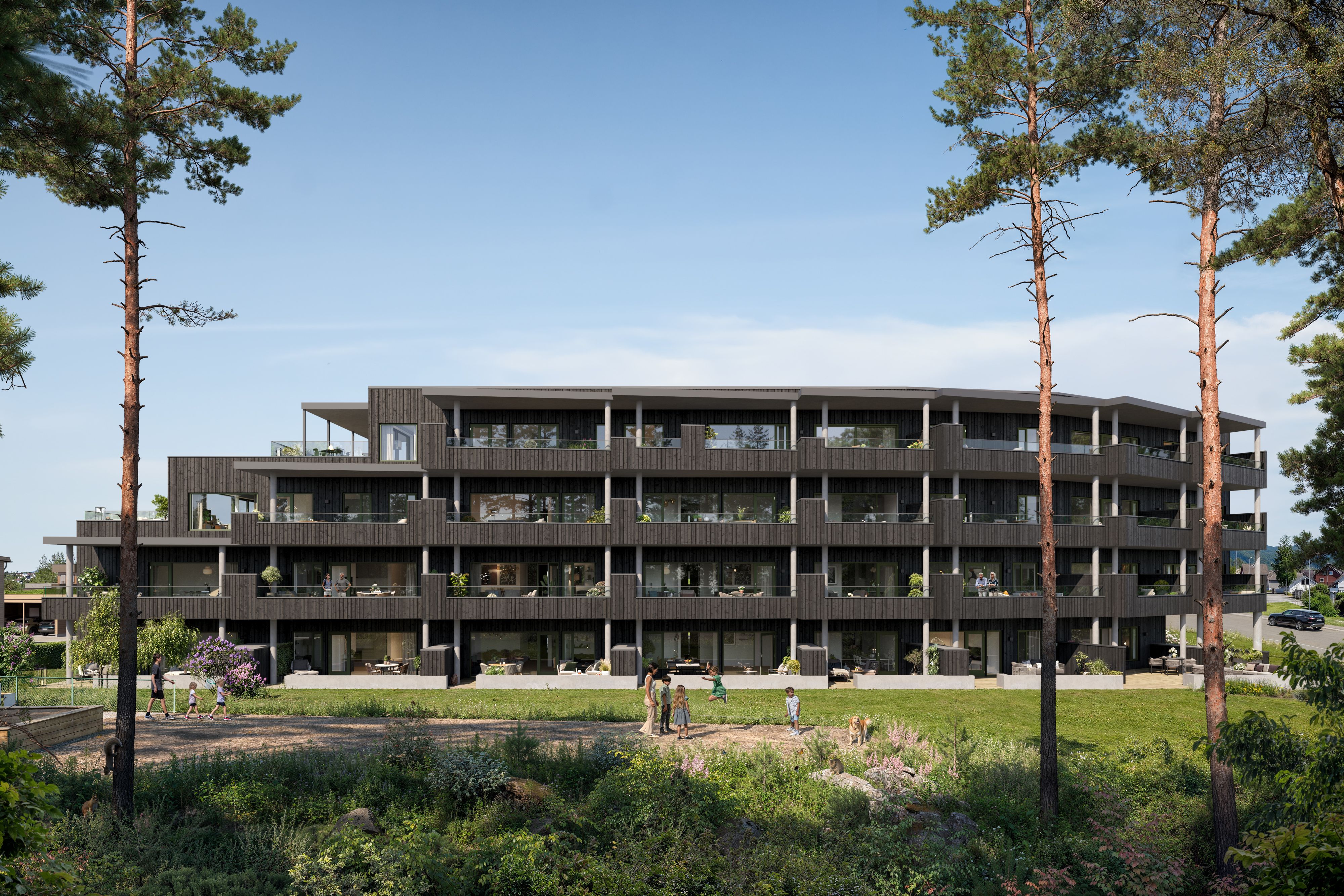 Illustrasjon av fasade på leilighetsbygg på Fjordsyn