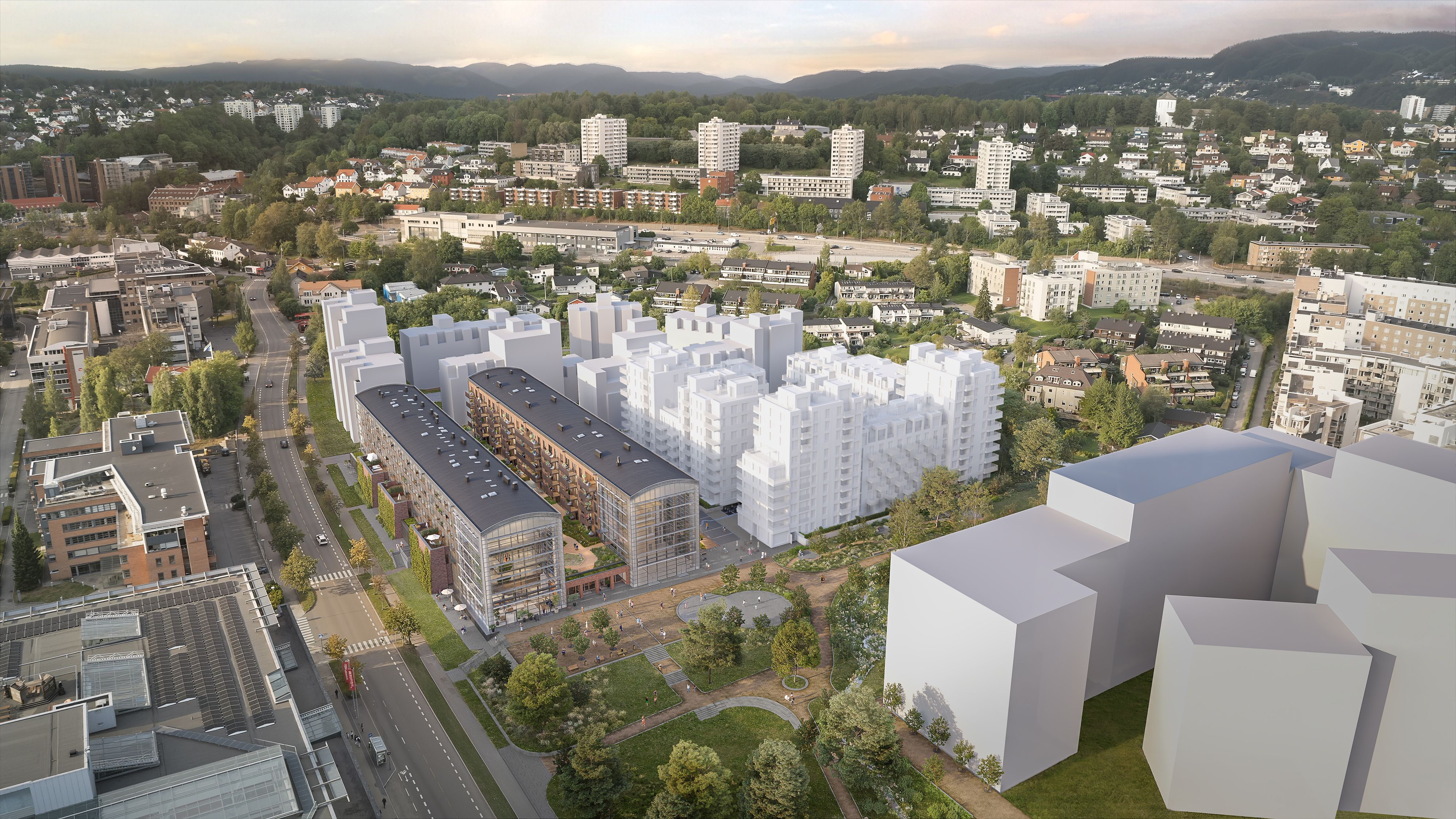 Oversiktsillustrasjon sett fra drone, over Trykkeriet Nydalen.