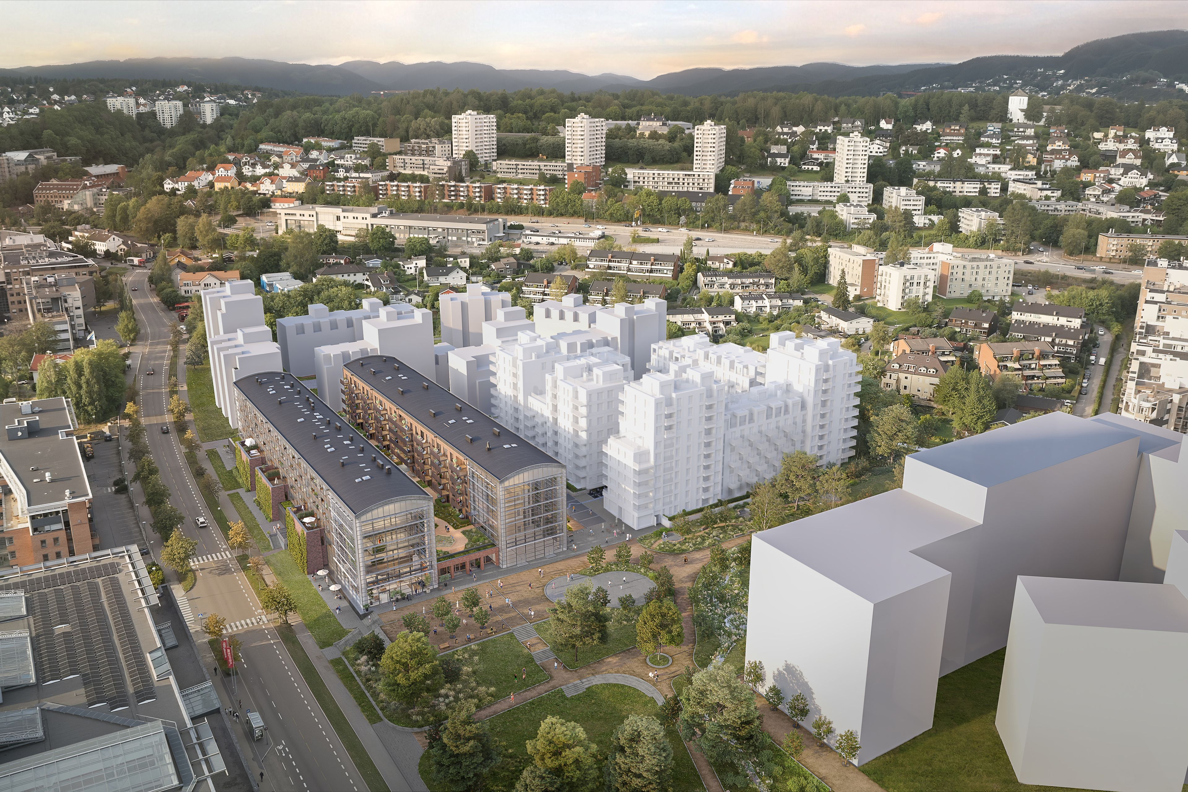 Oversiktsillustrasjon sett fra drone, over Trykkeriet Nydalen.