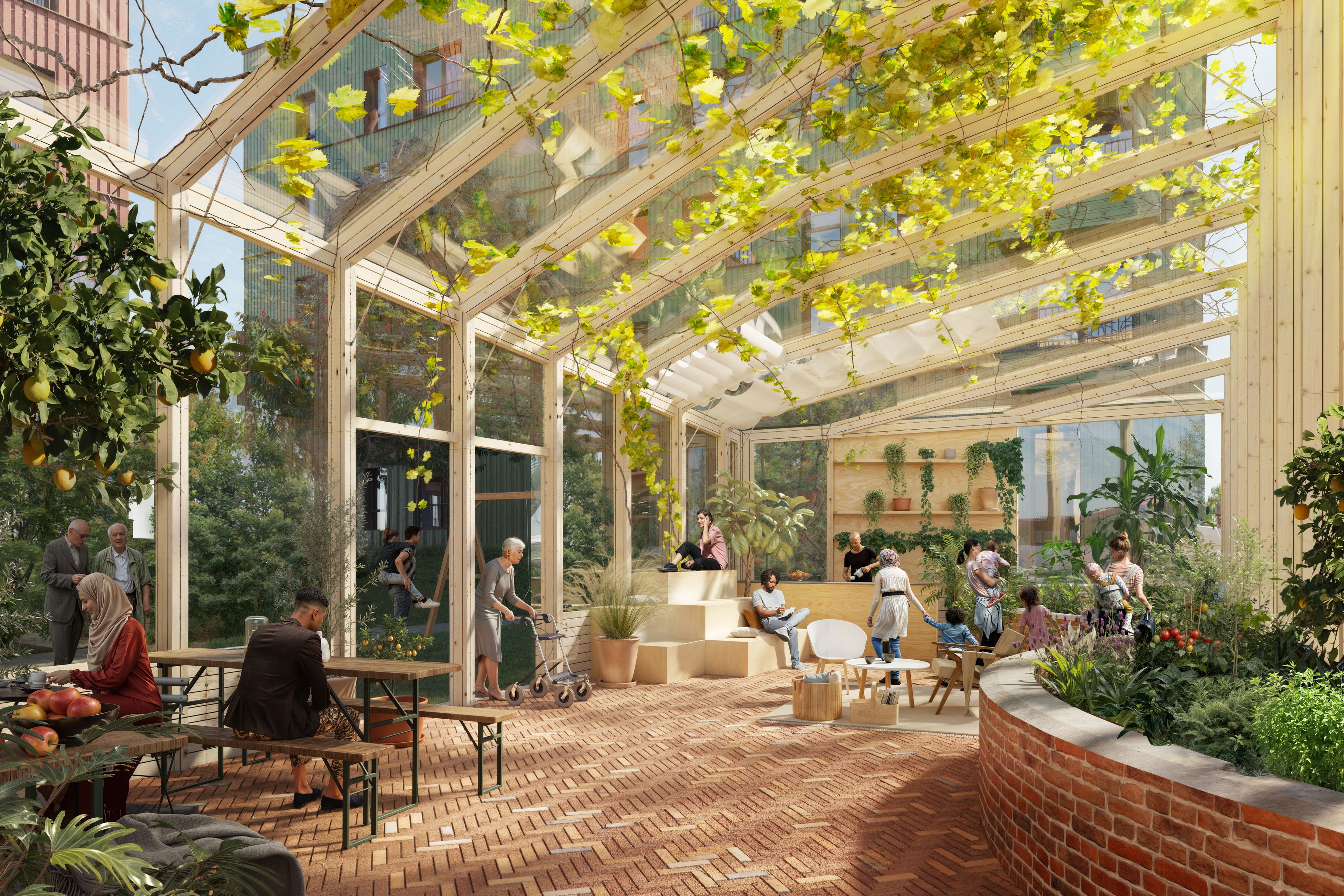 Illustrasjon av nabolagshuset i Furuset Village.