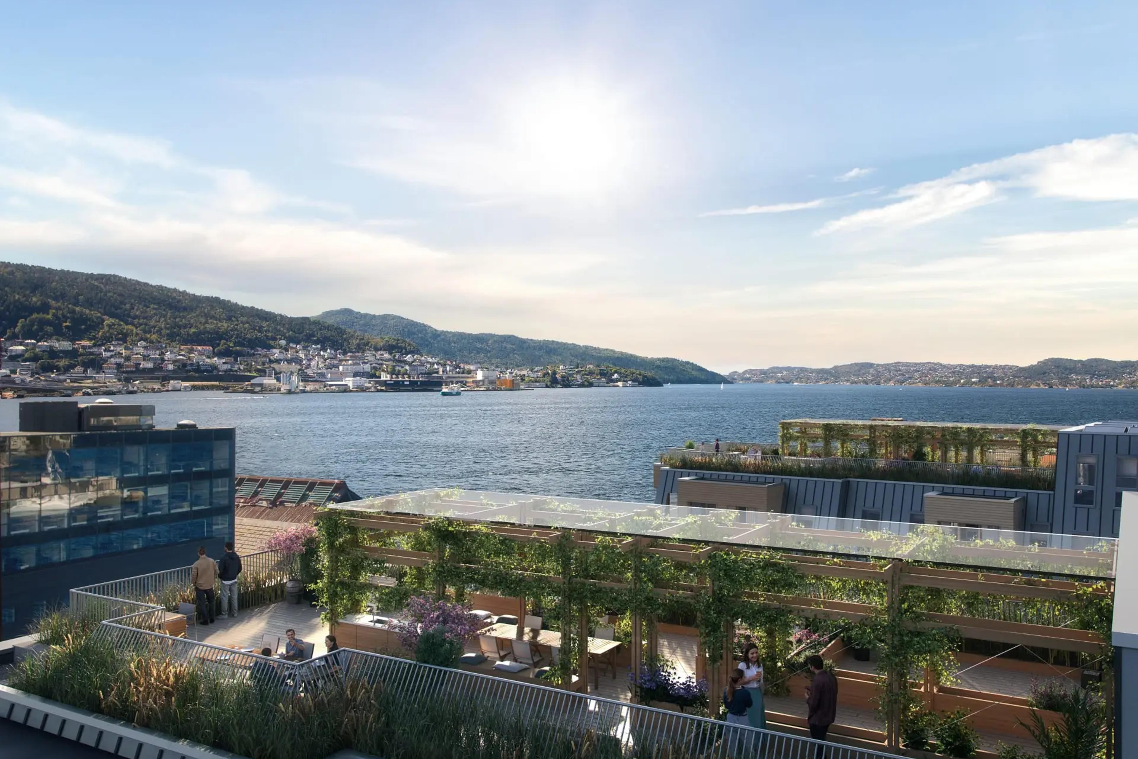 Illustrasjon av takterrasse med utsikt over Puddefjorden