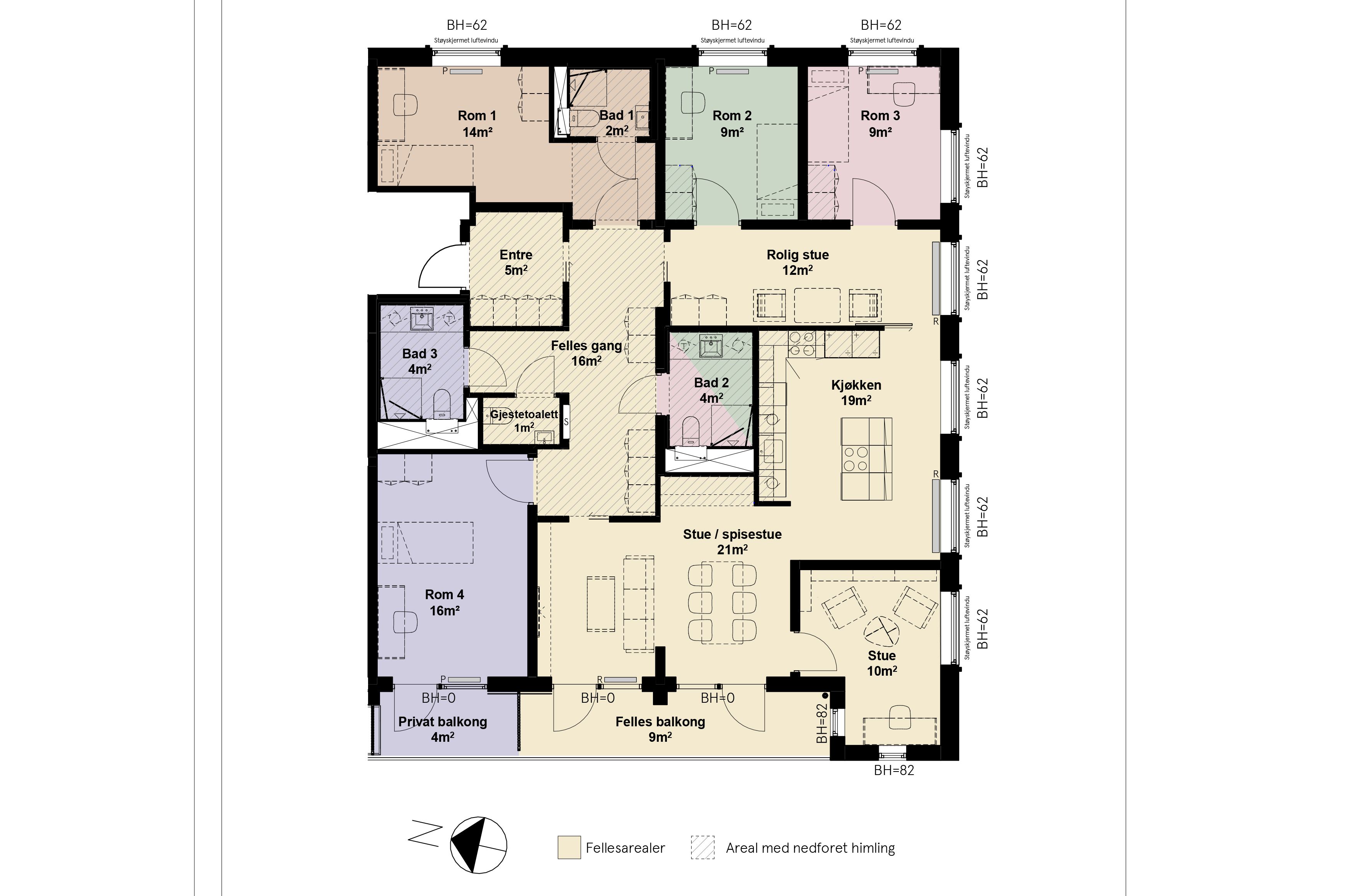 Plantegning over eierkollektiv med 4 rom