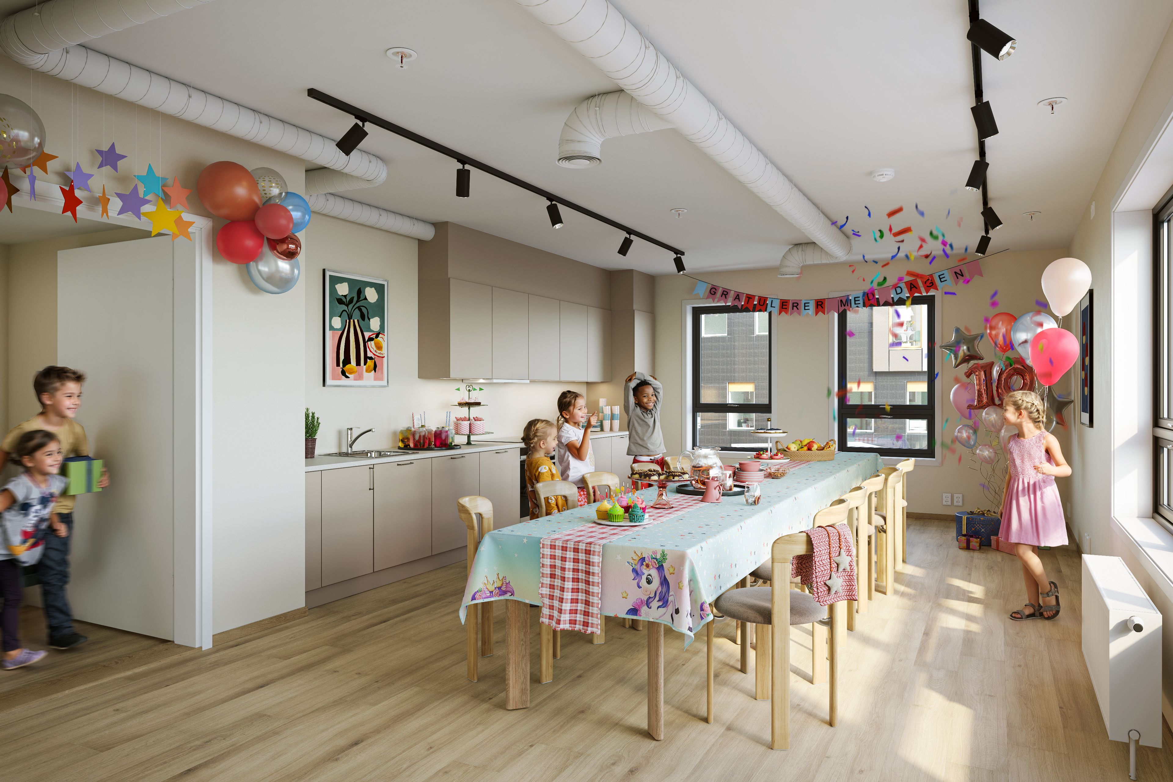 Illustrasjon av felles møterom med kjøkken og stort bord pyntet til barnebursdag.