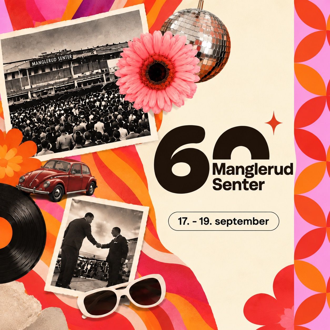 bildecollage i 60 talls farger med teksten manglerud senter 60 år