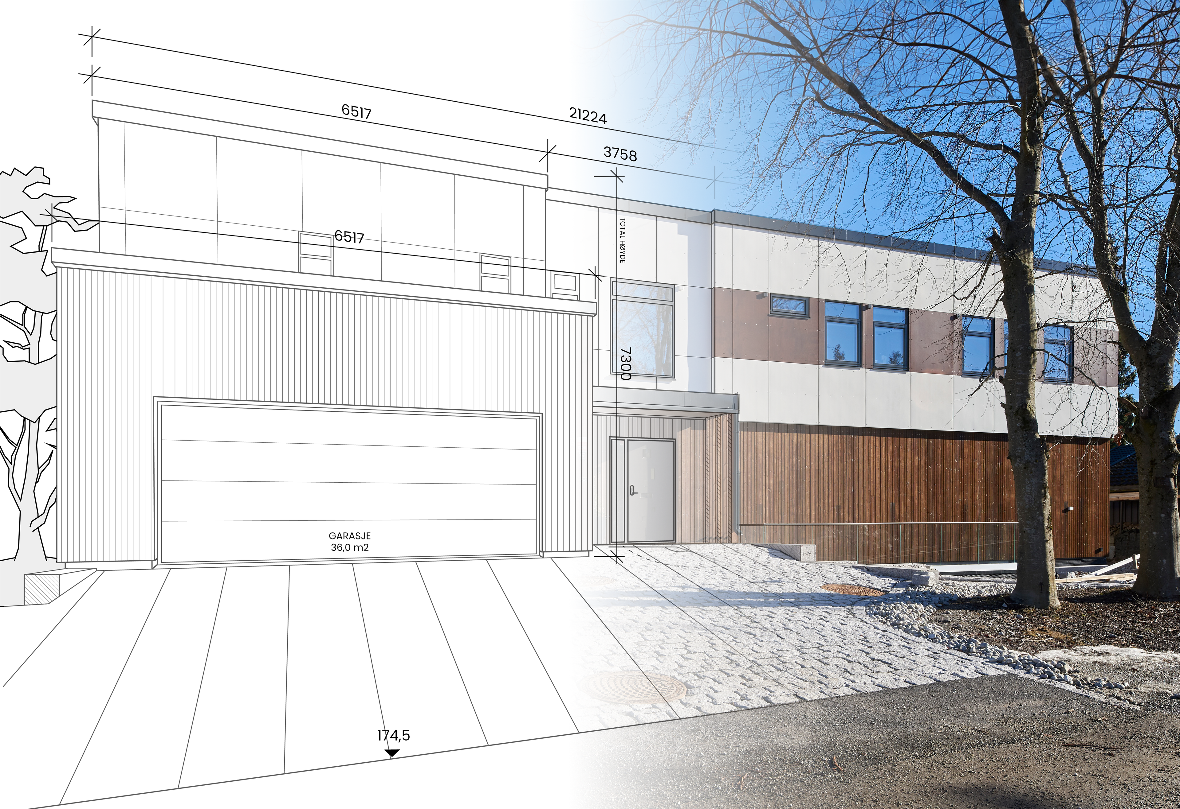 Bilde av en arkitekttegnet enebolig med tegnestreker og mål tegnet på halve bildet