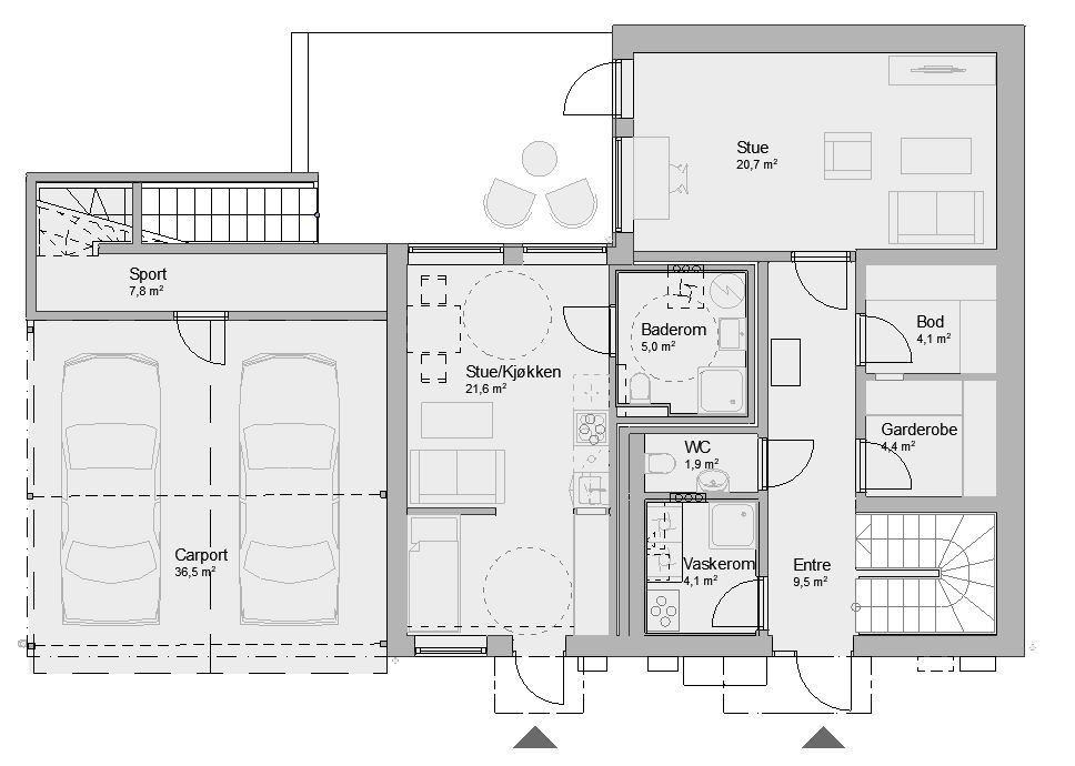 Plantegning av 1. etasje i enebolig bygget av OBOS Block Watne Eneboliger på Høvik, Bærum