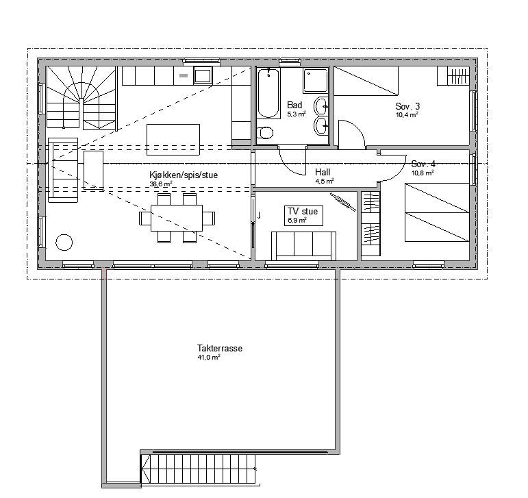 Plantegning av andre etasje i enebolig bygget av OBOS Block Watne Eneboliger i Heggedal i Asker