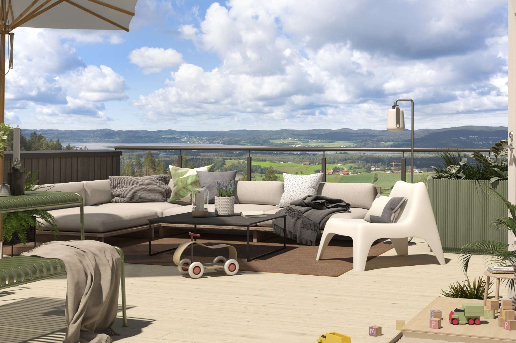 Illustrasjon av en møblert takterrasse med to sofaer, stoler og bord og utsikt over grønne sletter