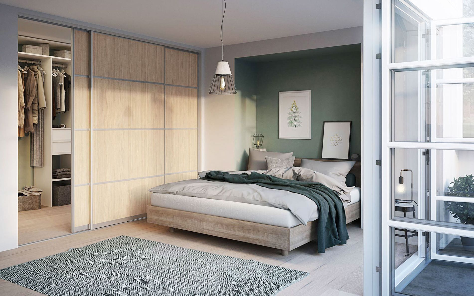 Illustrasjon av et soverom med dobbeltseng og walk-in-garderobe