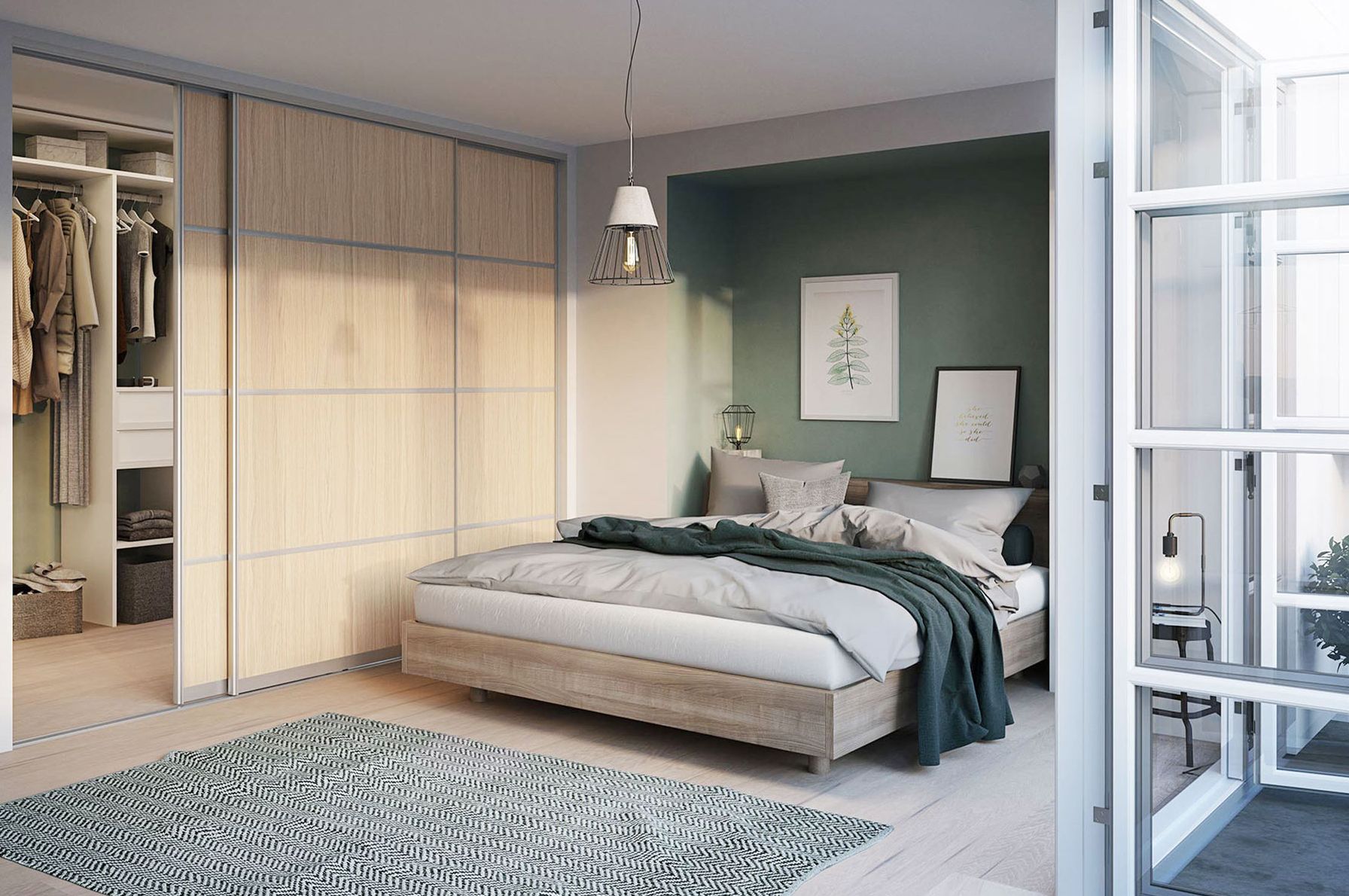 Illustrasjon av et soverom med dobbeltseng og walk-in-garderobe