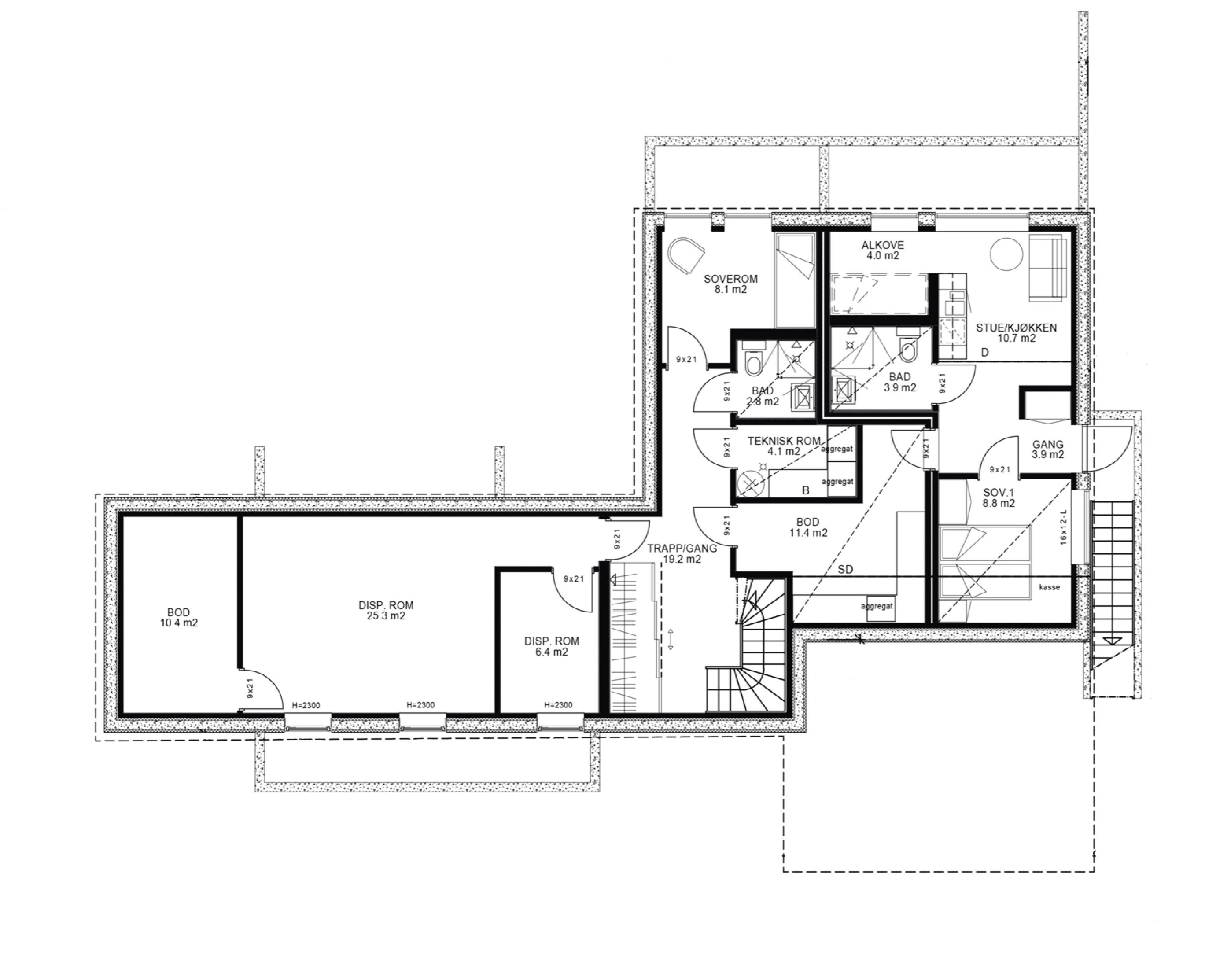 Plantegning av kjeller i enebolig på Sofiemyr i Nordre Follo