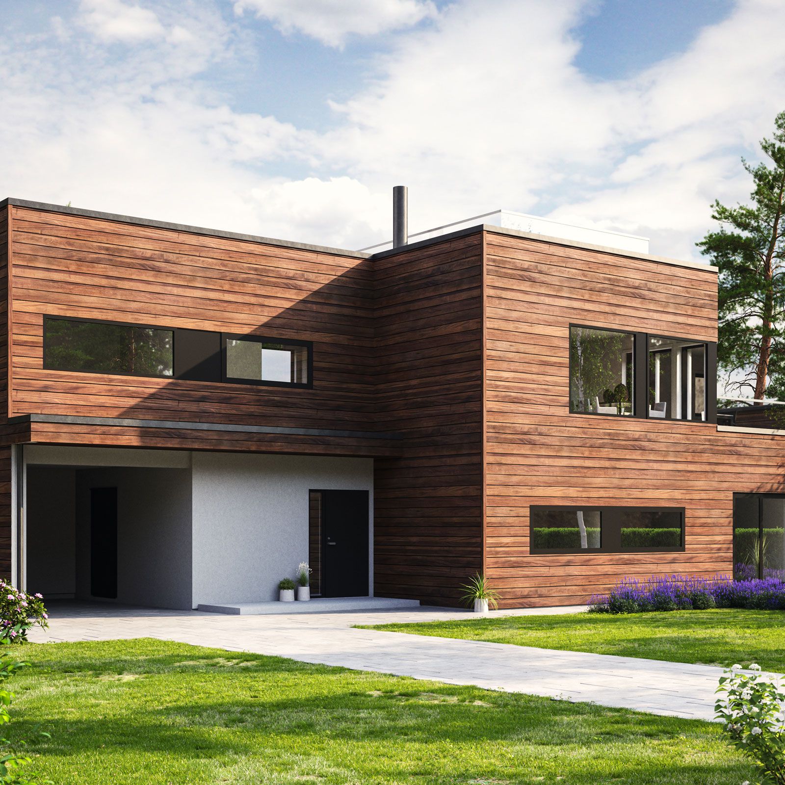 Et hus over to plan med funkis-inspirert stil, carport og store vinduer.