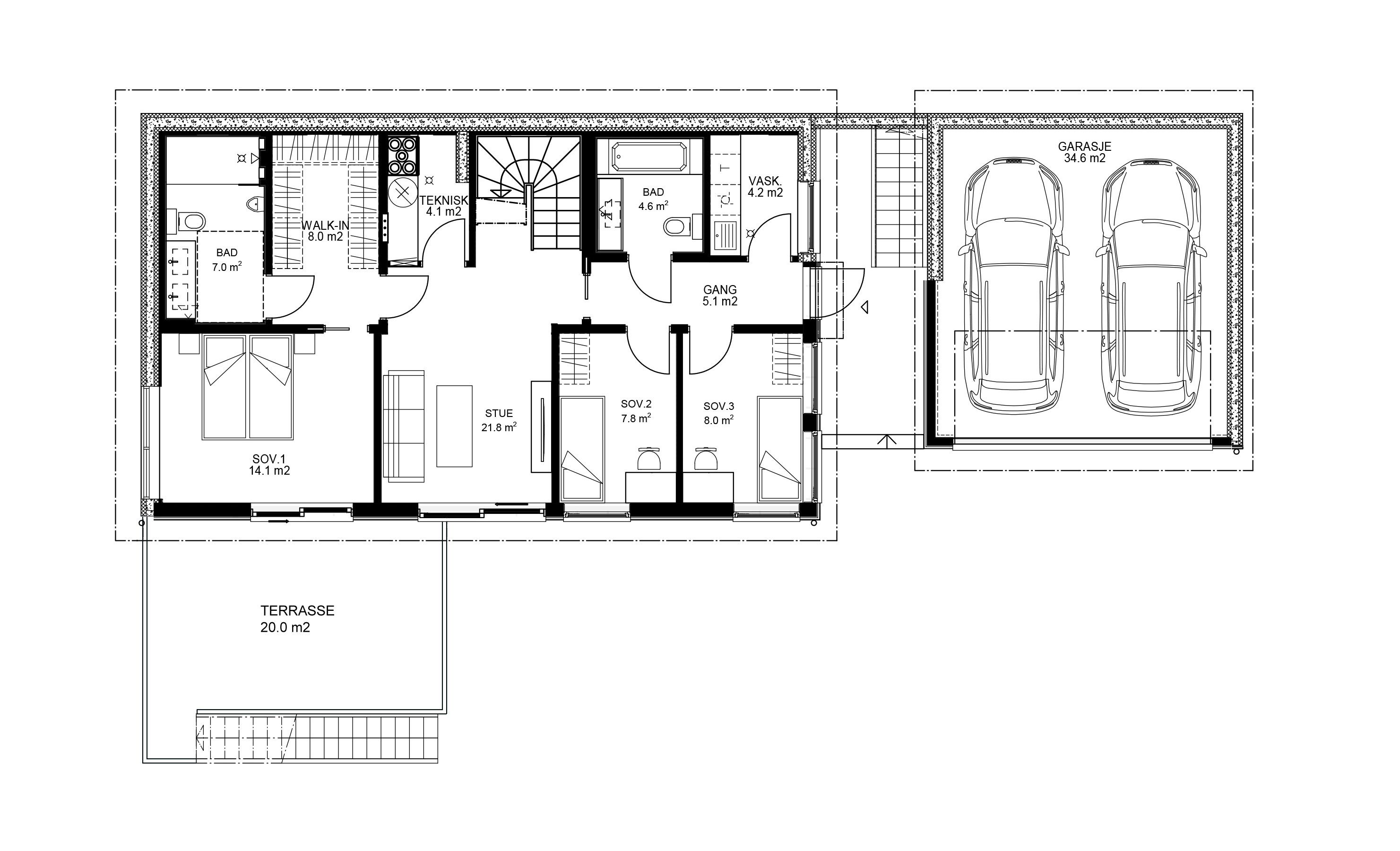 Plantegning av 1. etasje i enebolig bygget av OBOS Block Watne Eneboliger i Vestre Aker, Oslo